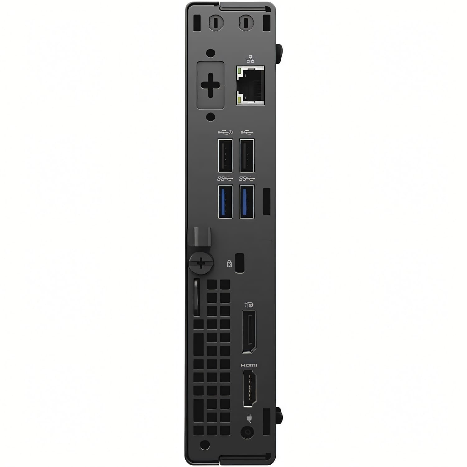 Parte trasera de un ordenador negro con puertos USB, HDMI y de red.