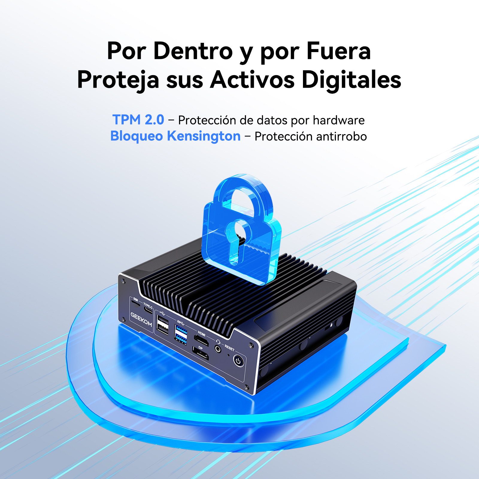 Un mini PC negro con un candado azul encima.