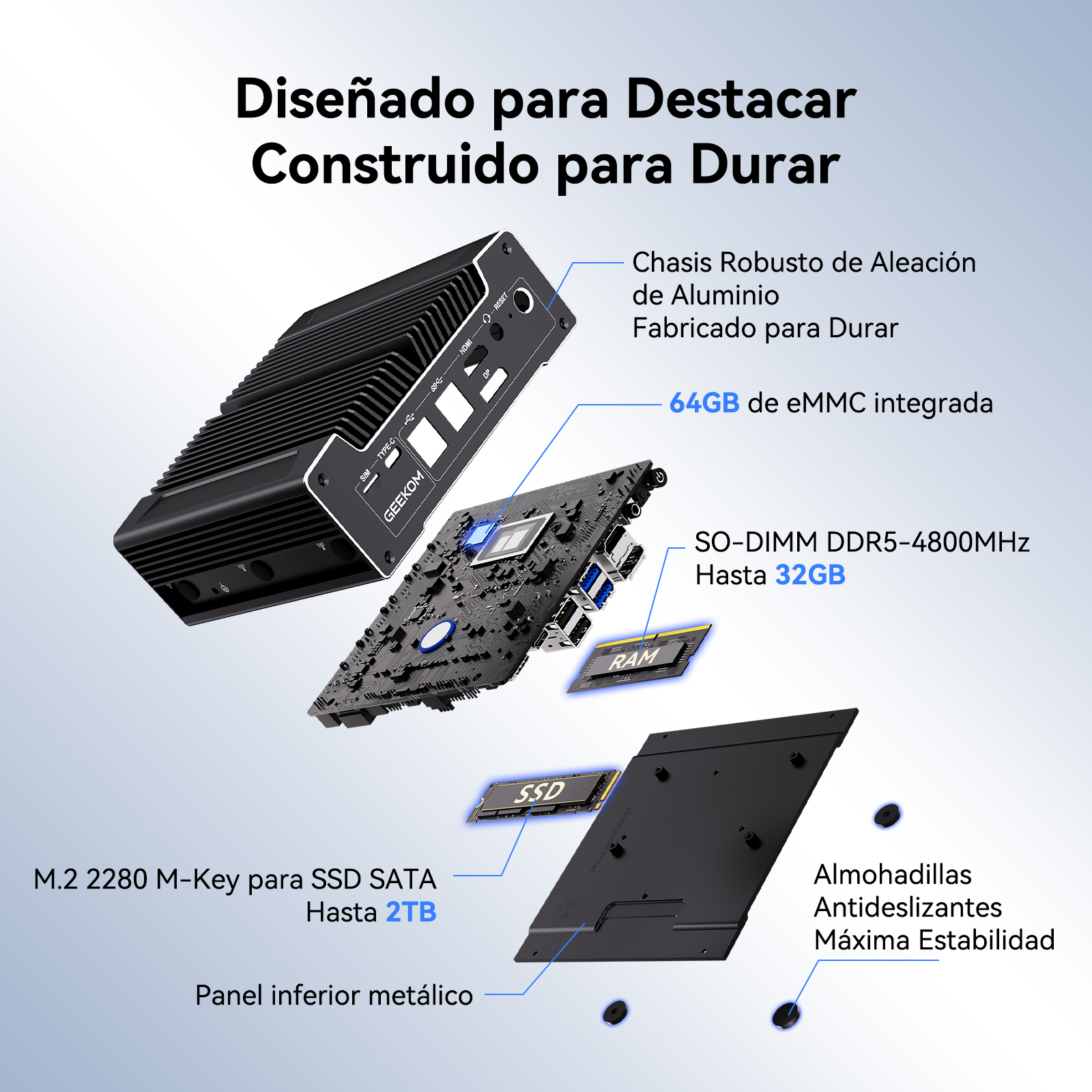 Vista explosionada de un mini PC negro con la carcasa abierta, mostrando la placa de circuito.