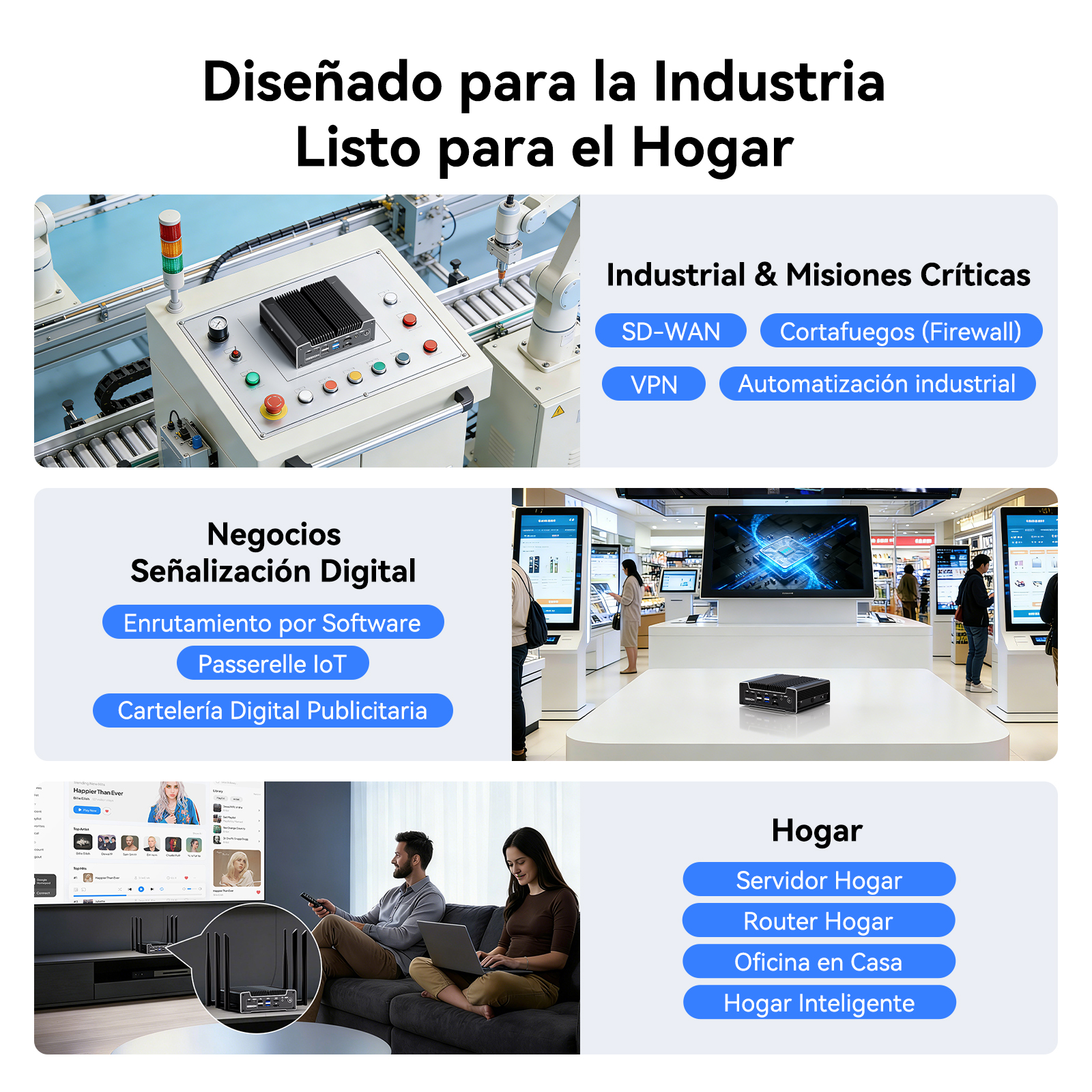 Control industrial, señalización digital y soluciones de red doméstica.
