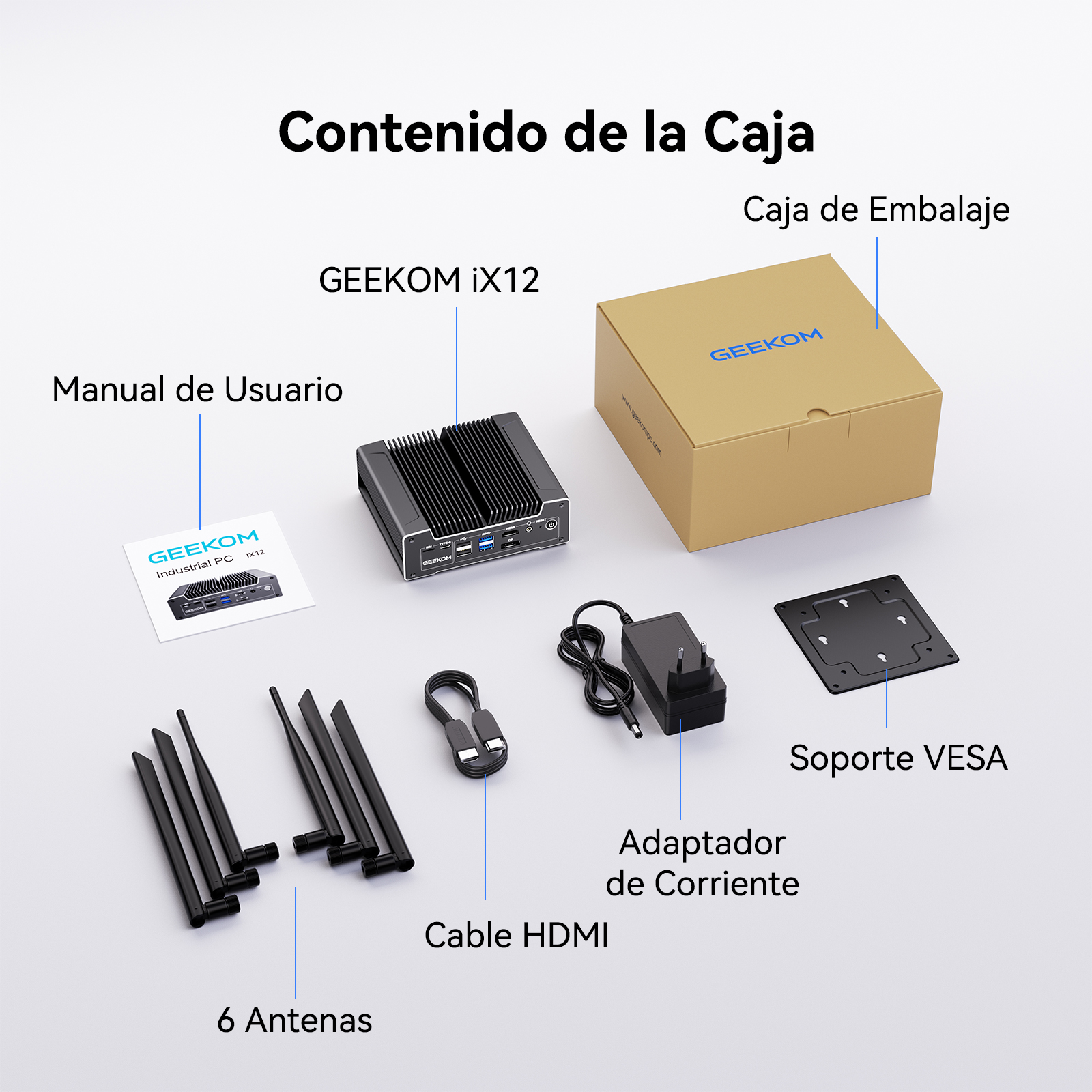 Contenido de la caja: PC GEEKOM iX12, manual, antenas, cables, adaptador de corriente, soporte VESA.