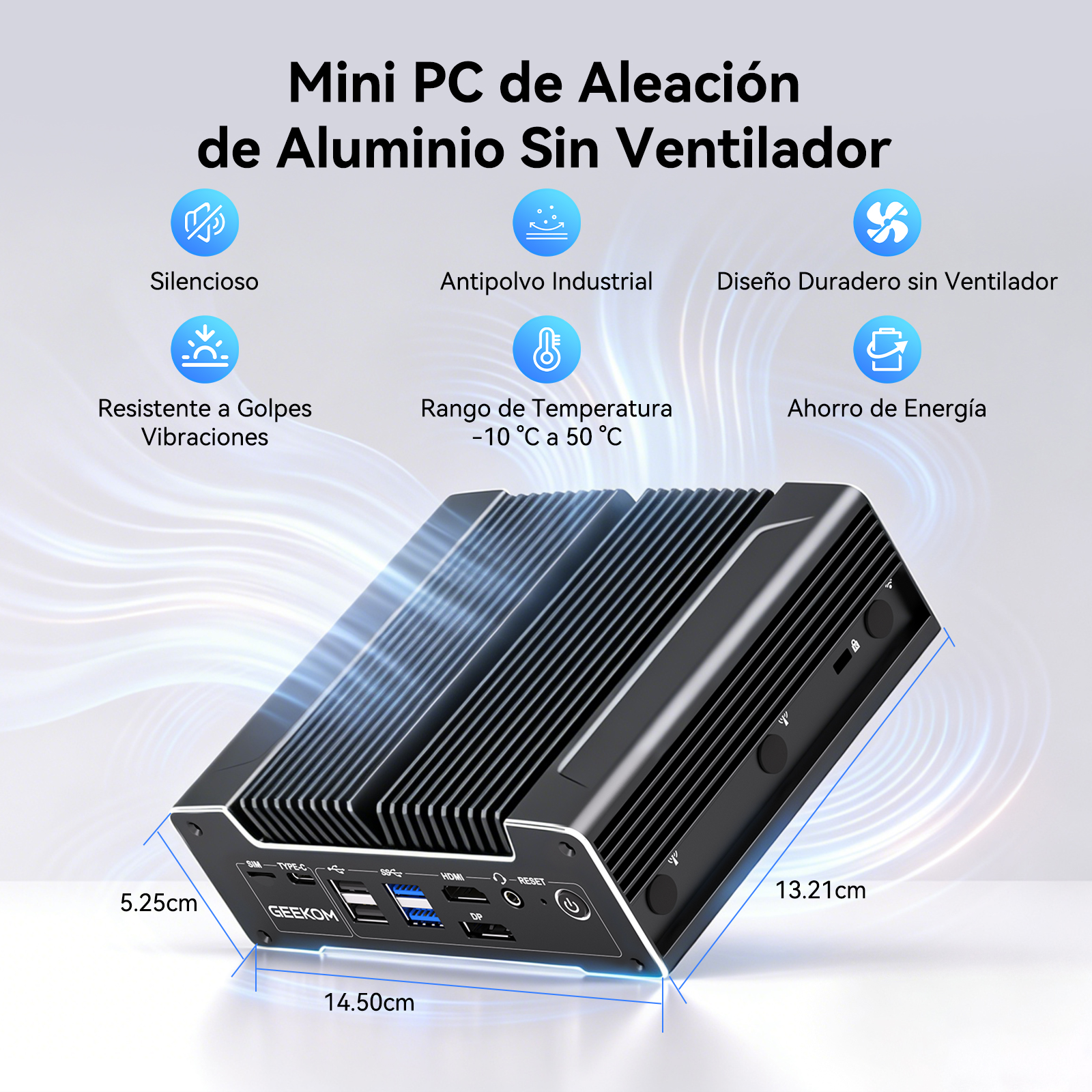 Un mini PC negro de aluminio sin ventilador con puertos y dimensiones.
