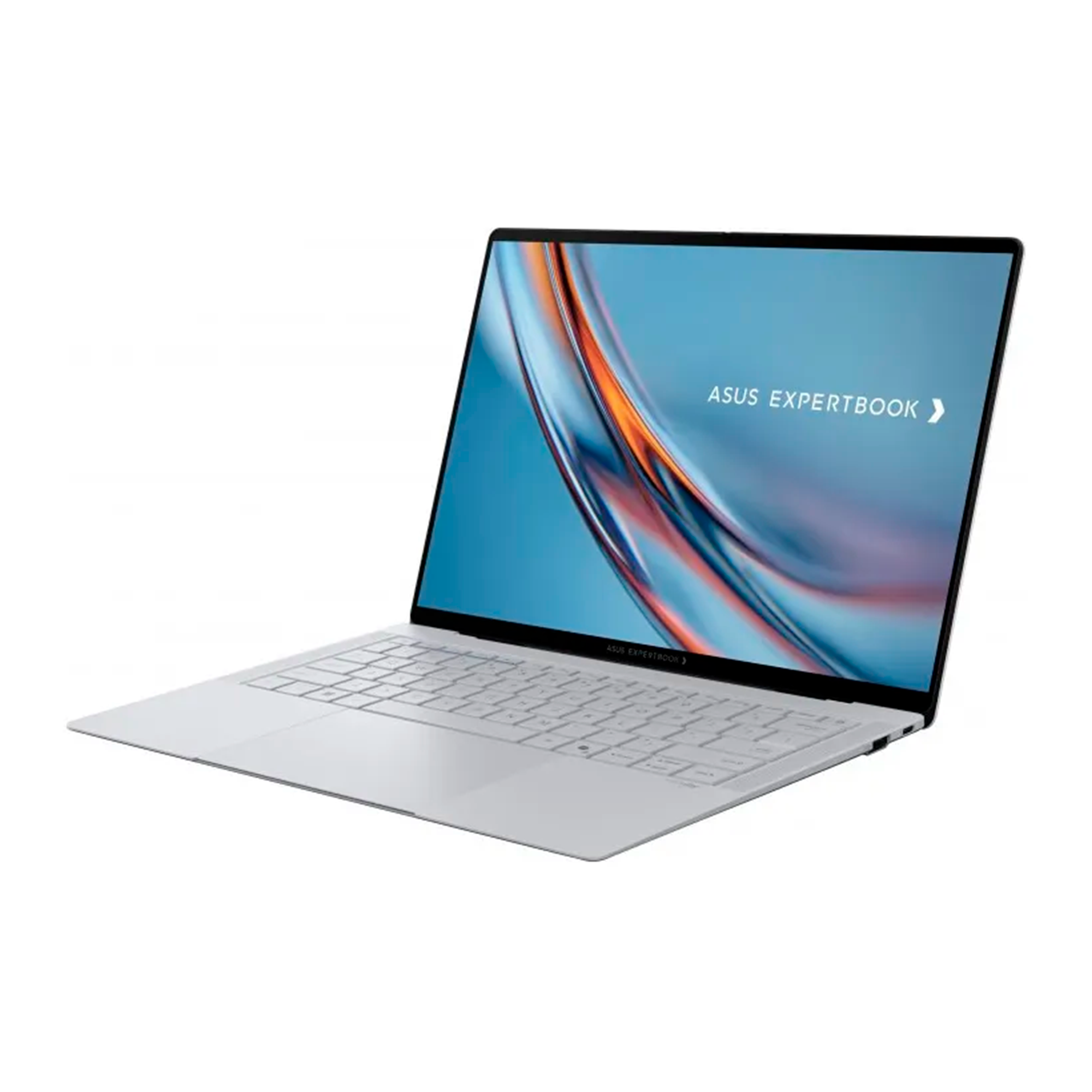 Un elegante portátil ASUS ExpertBook plateado con teclado retroiluminado y fondo azul.