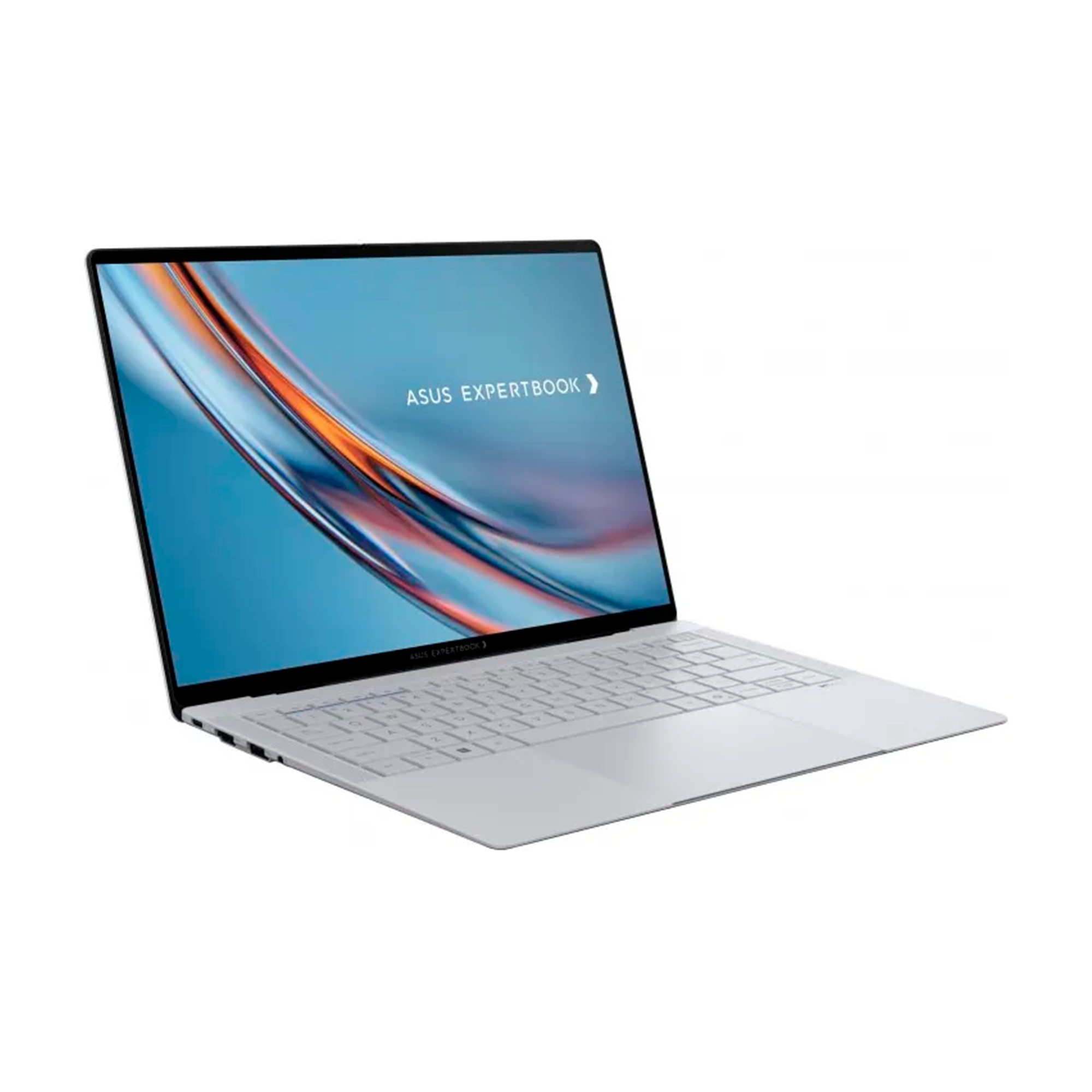 Un portátil Asus Expertbook delgado y plateado con teclado retroiluminado.