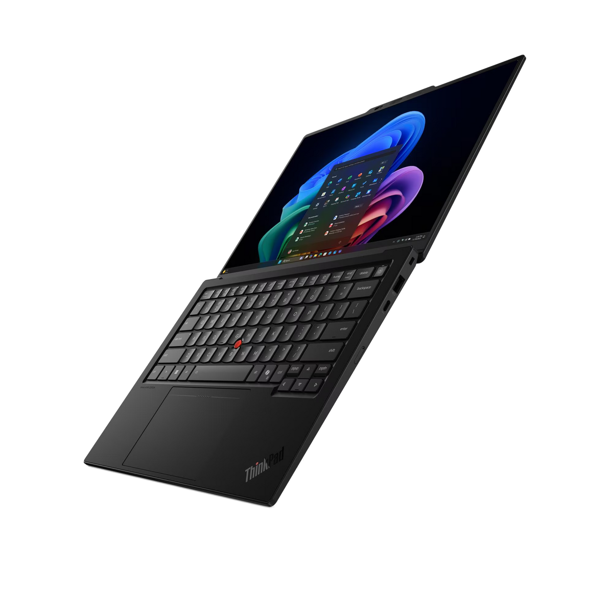 Un portátil negro Lenovo ThinkPad con la pantalla abierta, mostrando un fondo de pantalla colorido.