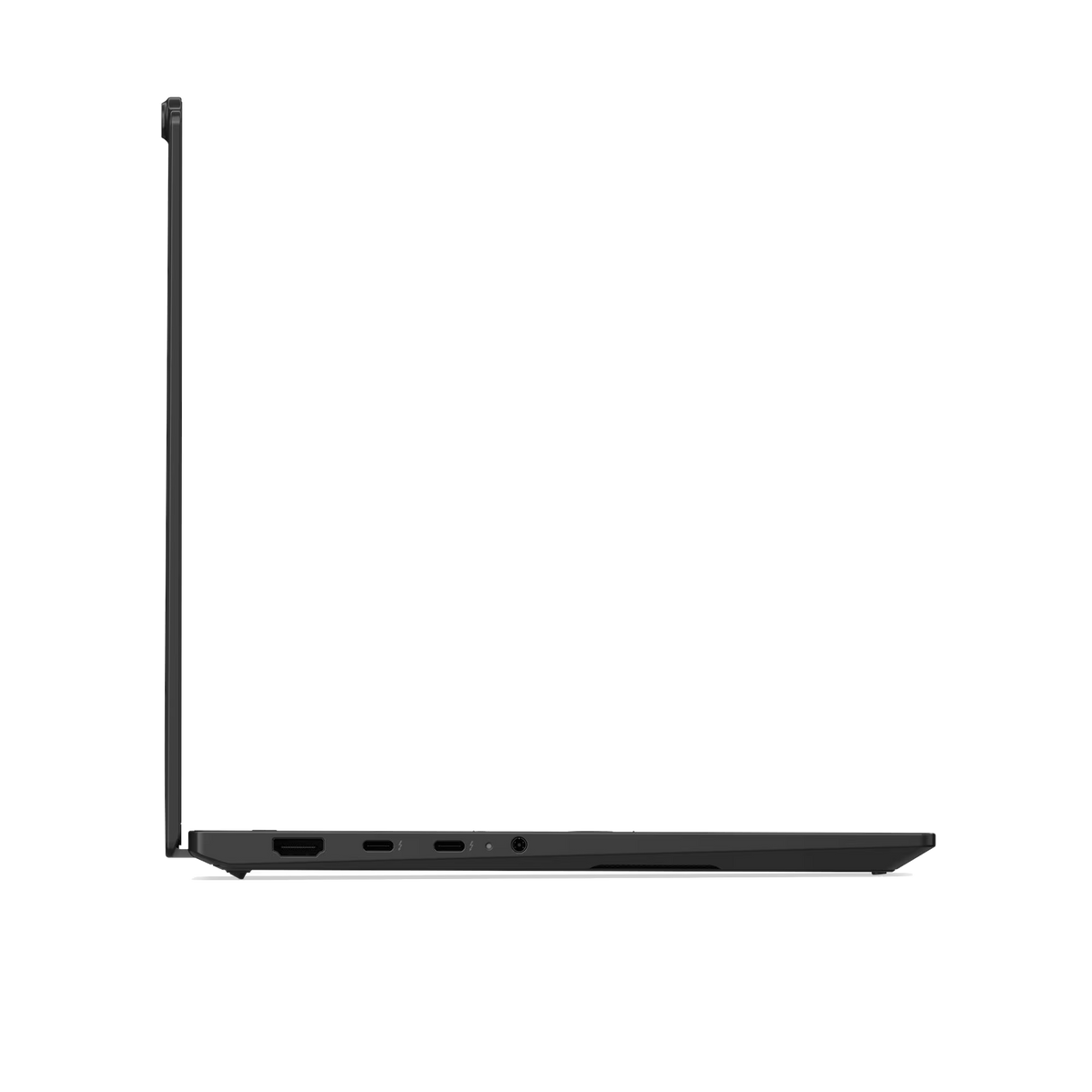 Vista lateral de un portátil elegante y gris oscuro, mostrando puertos como HDMI y USB-C.