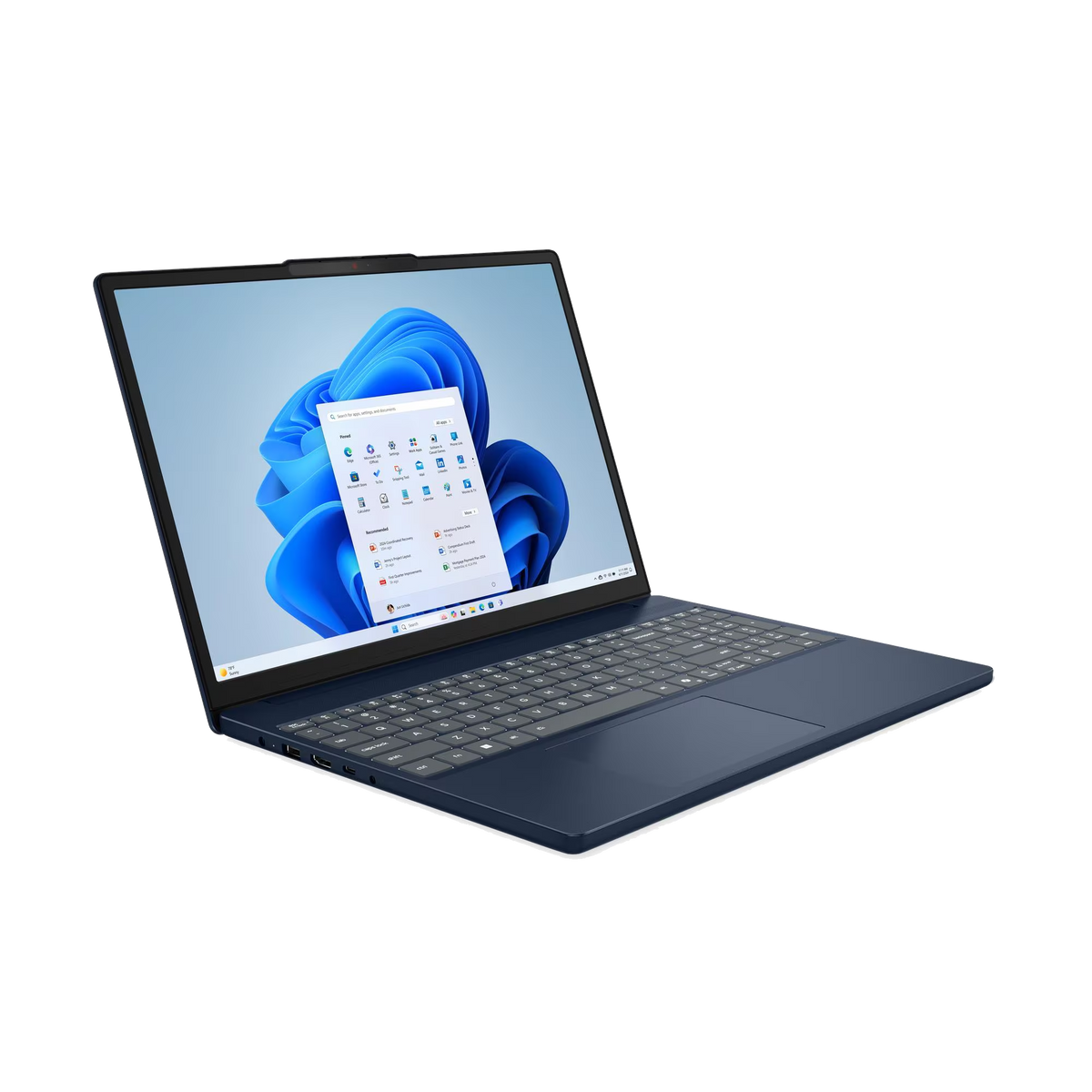 Un portátil azul oscuro que muestra un menú de inicio abierto de Windows 11 en su pantalla.