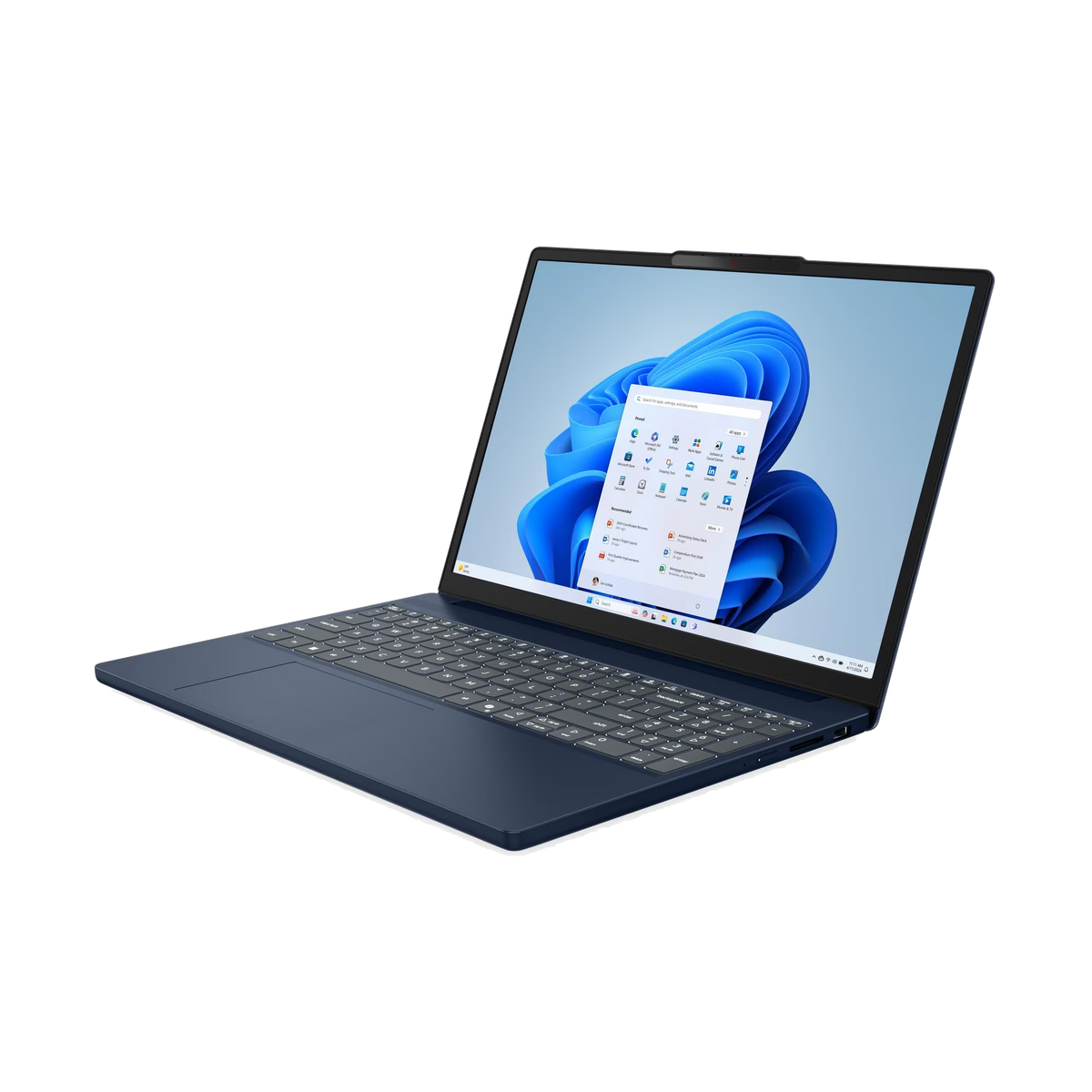 Un portátil azul oscuro con la pantalla abierta, mostrando Windows 11.