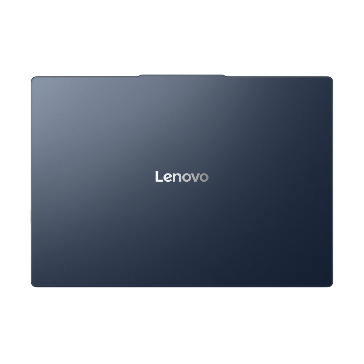 Laptop Lenovo cerrado azul oscuro con logo plateado en el centro.