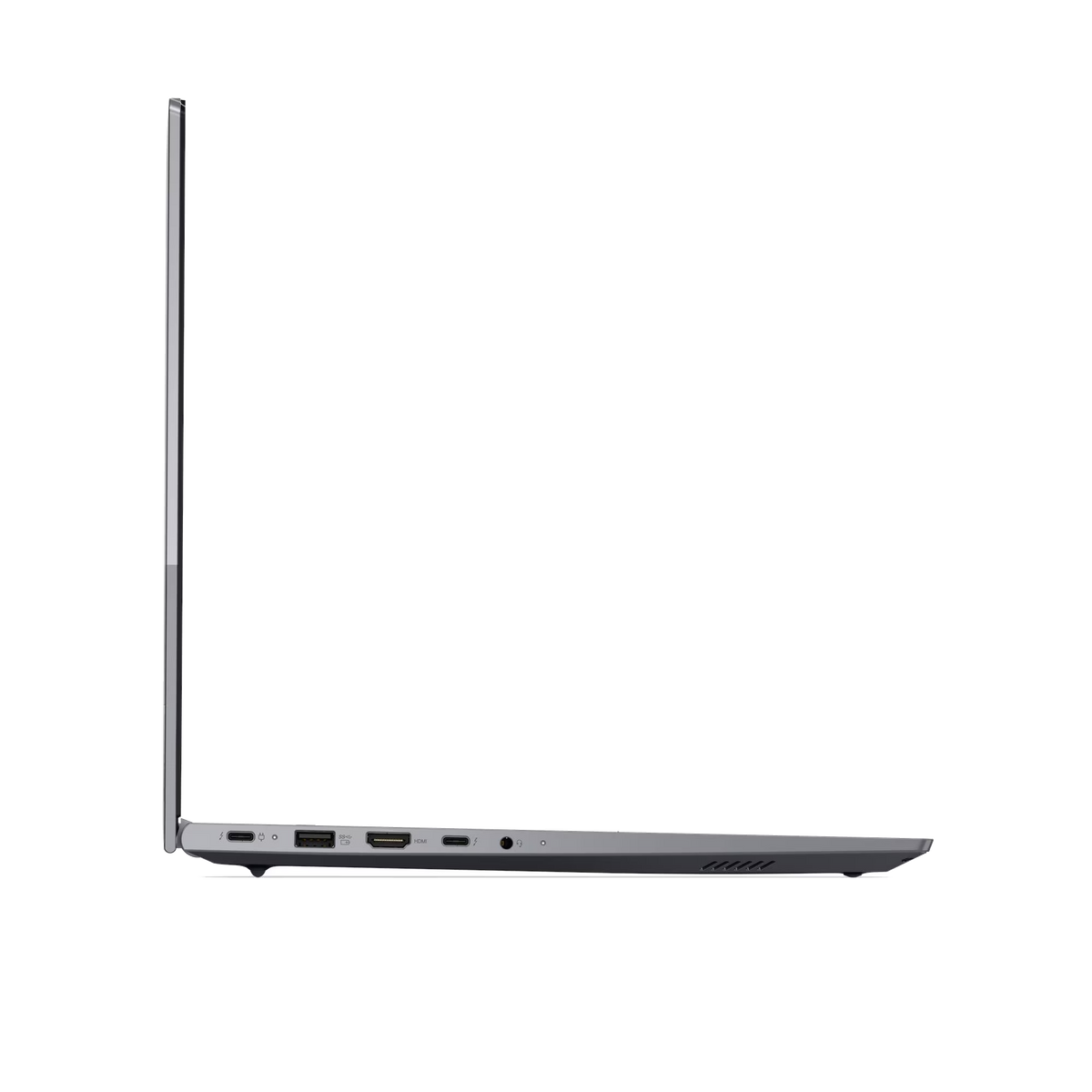 Vista lateral de un portátil plateado cerrado, mostrando puertos: USB-C, USB-A, HDMI, Thunderbolt, jack de audio.