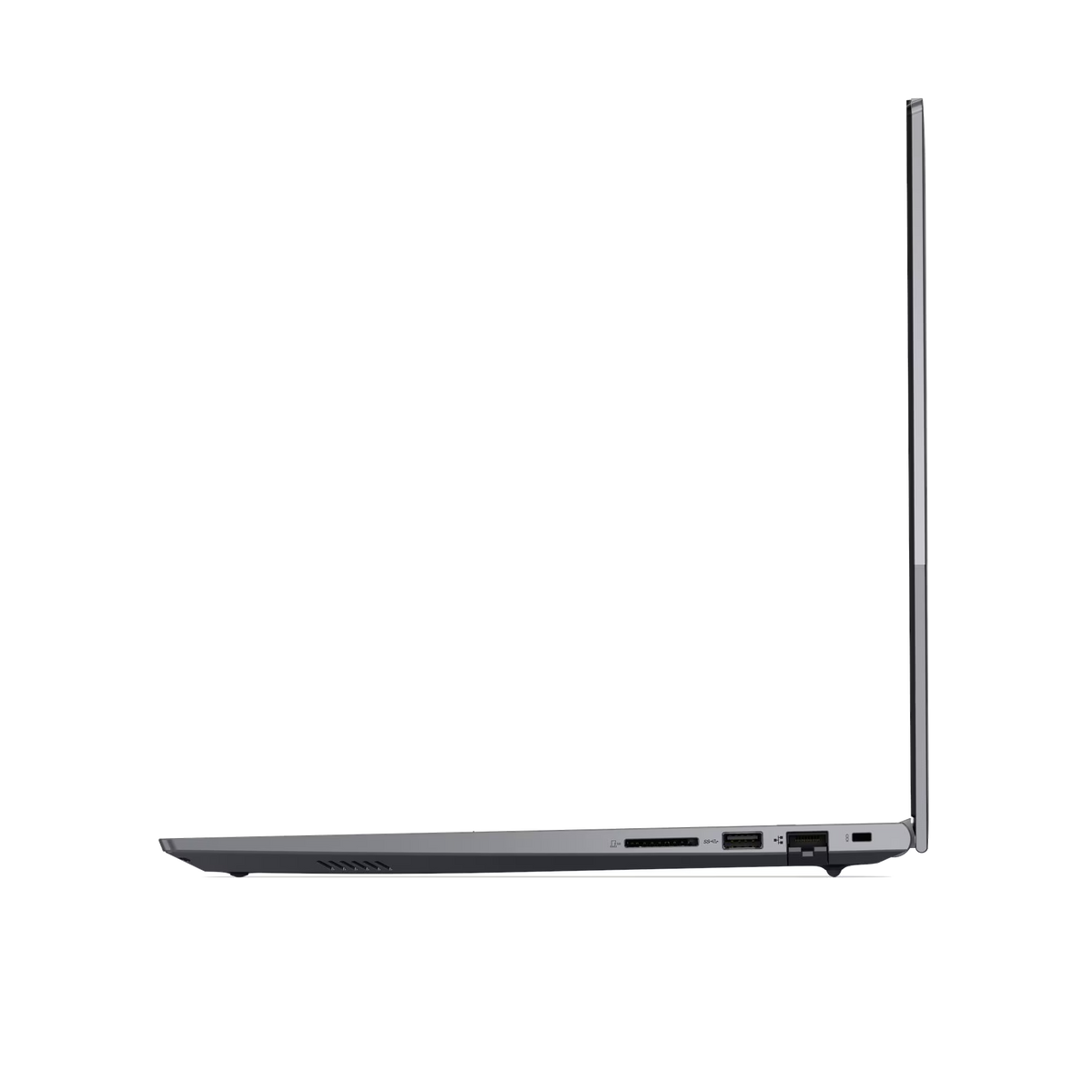 Perfil de portátil gris mostrando puertos como USB y lector de tarjetas SD.