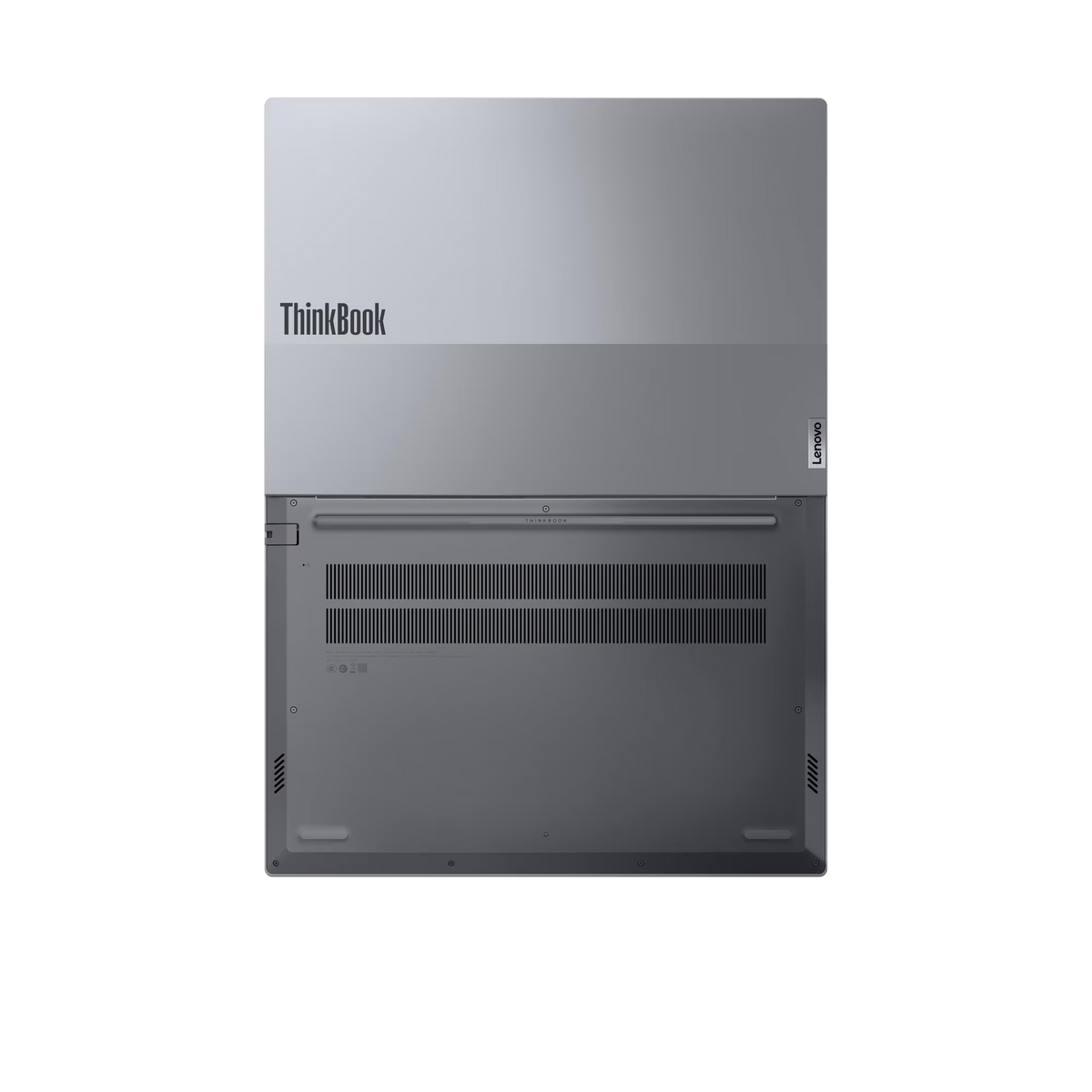 Parte inferior de un portátil Lenovo ThinkBook plateado con ventilaciones y logo.