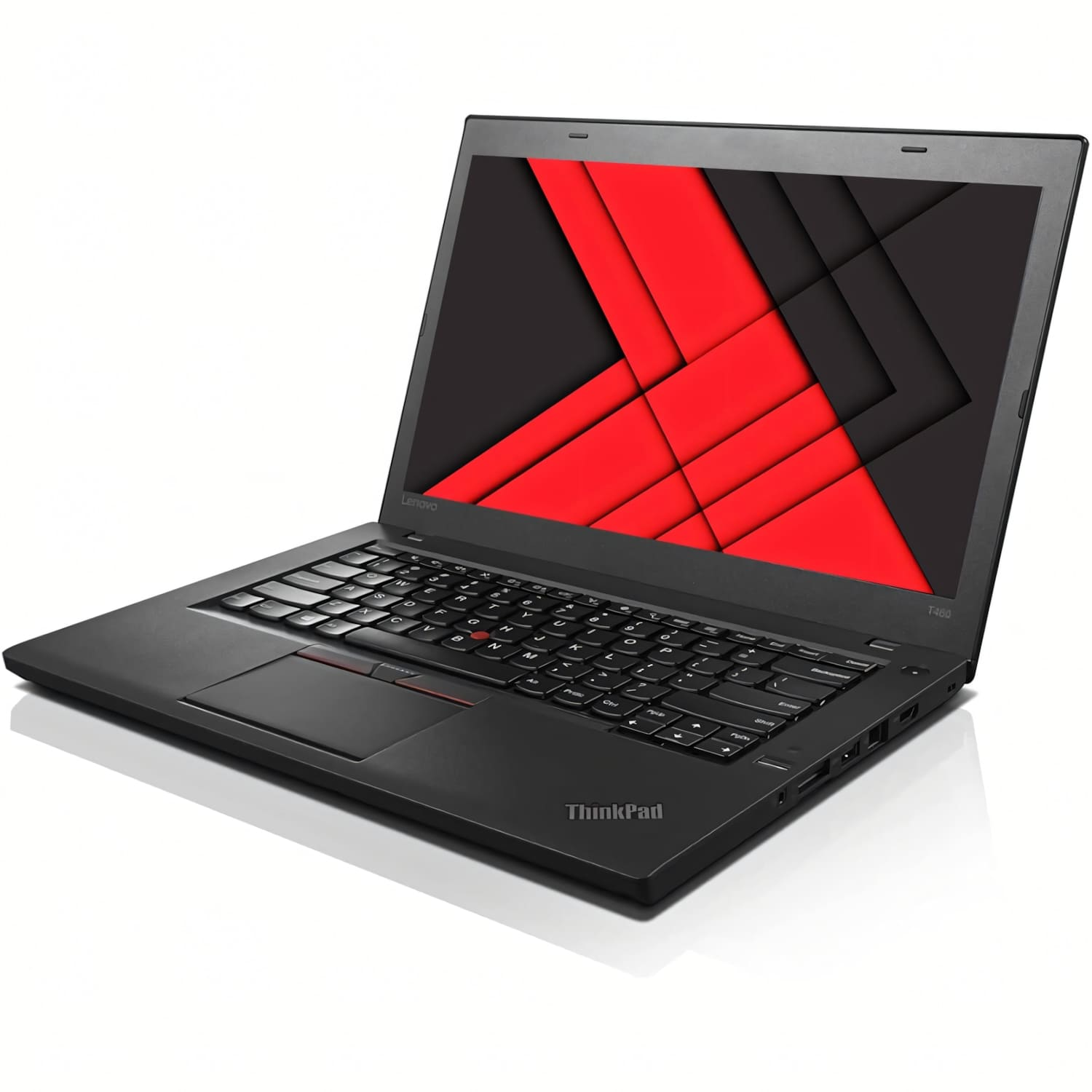 Un portátil Lenovo ThinkPad T460 negro con un fondo de pantalla abstracto rojo y negro en la pantalla.