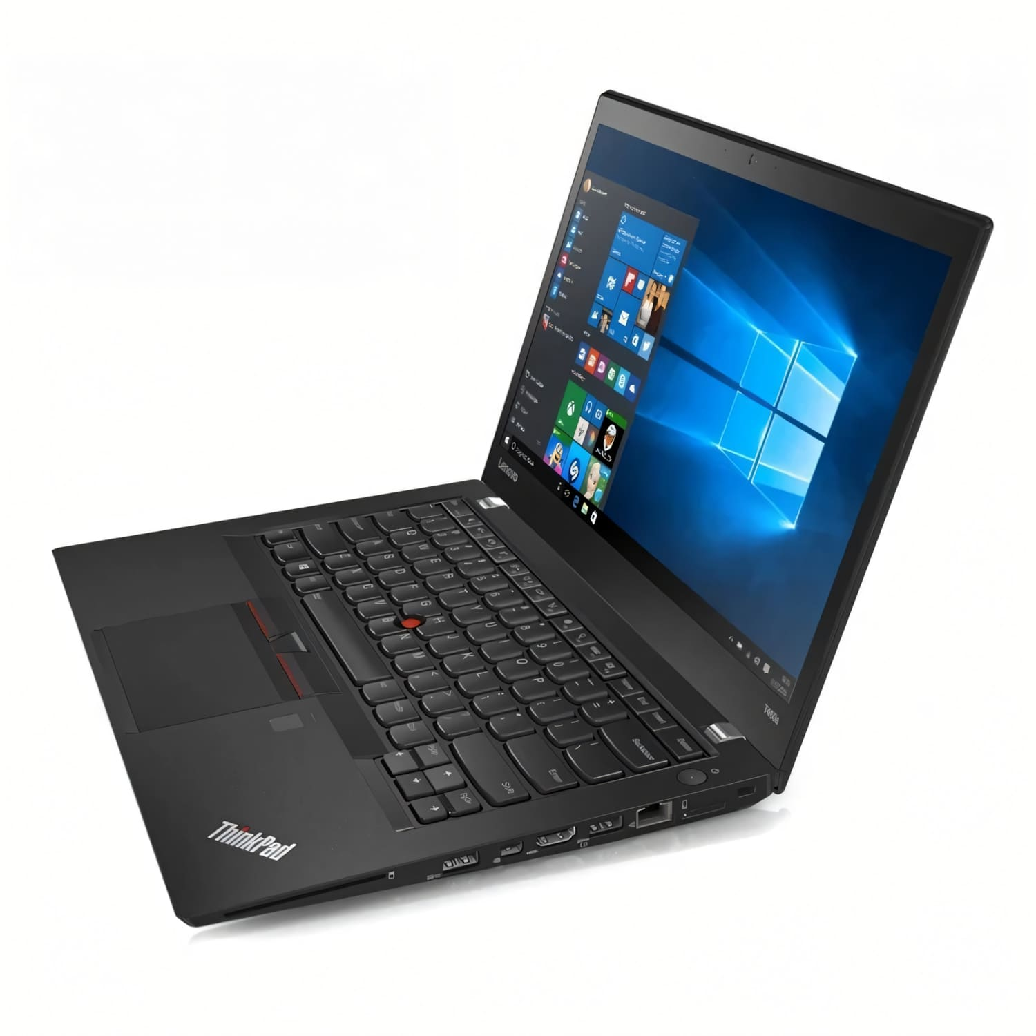Un portátil Lenovo ThinkPad negro está abierto, mostrando el sistema operativo Windows 10 en su pantalla.