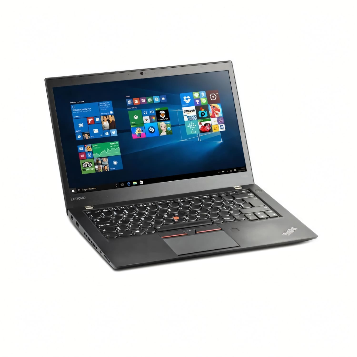 Portátil Lenovo ThinkPad negro abierto, mostrando menú inicio Windows 10 y teclado.