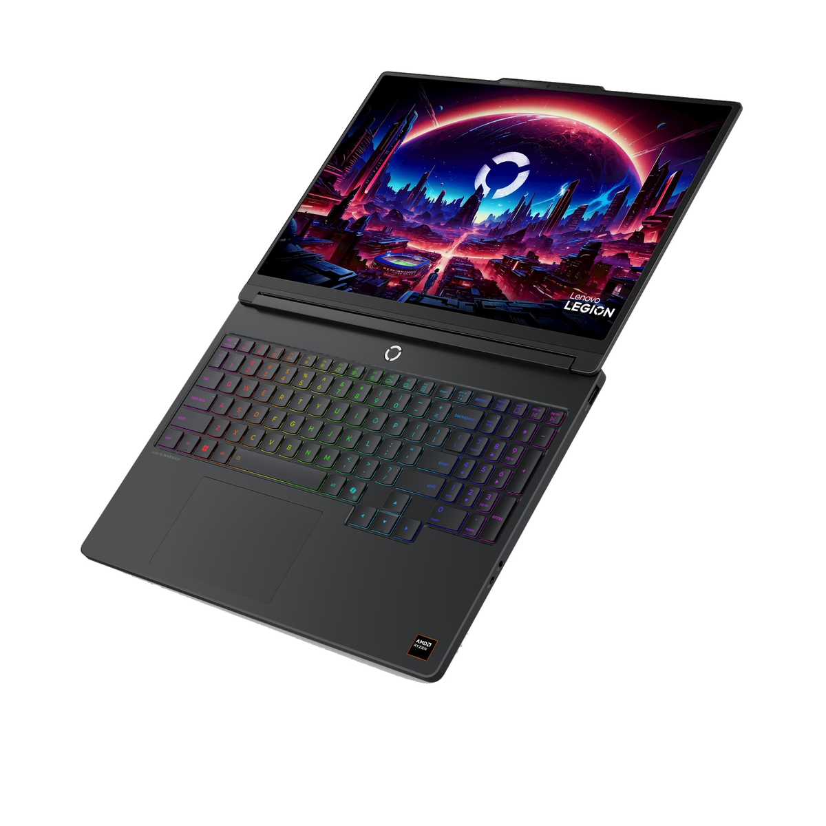 Portátil negro abierto con teclado colorido y fondo de pantalla de ciencia ficción.