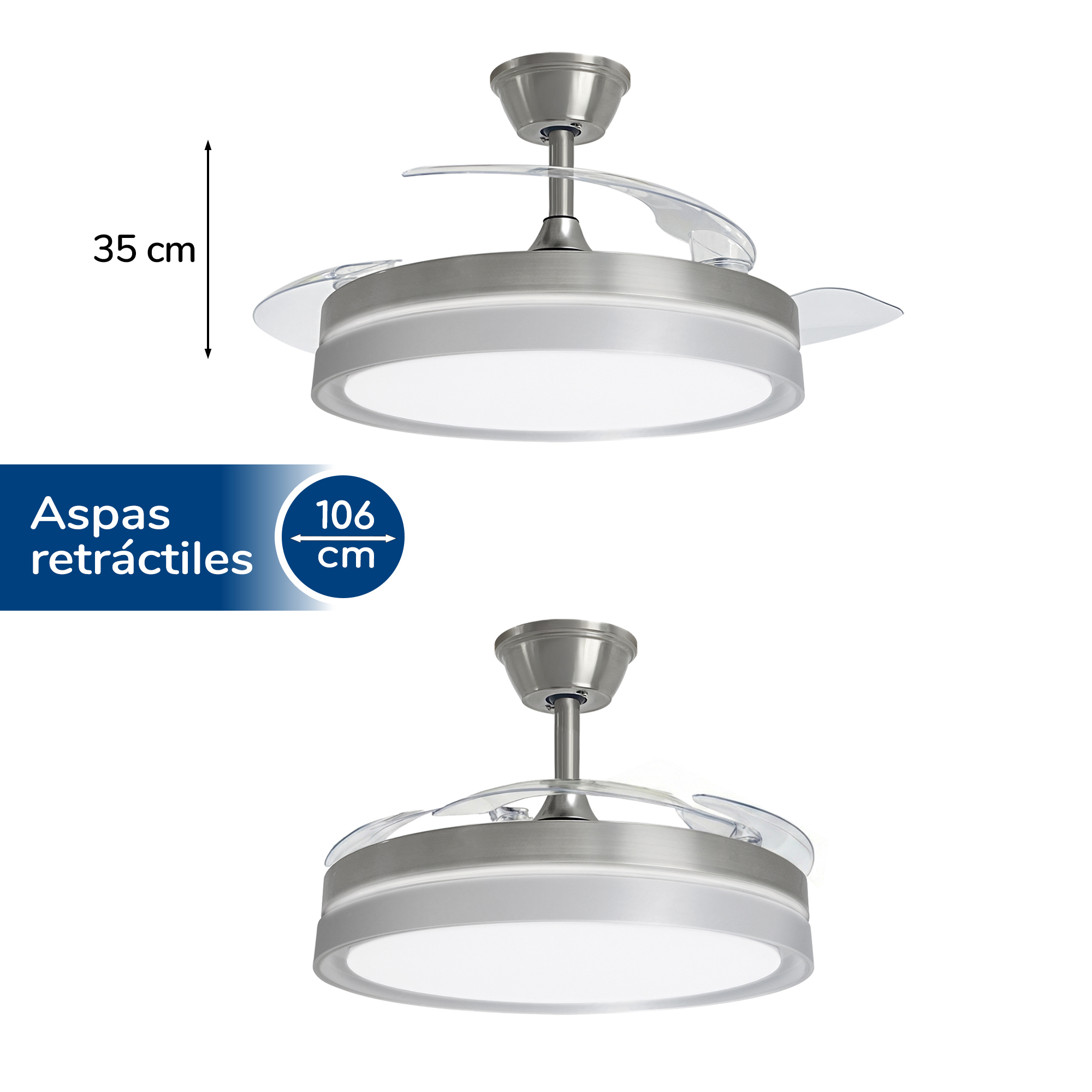 Ventilador de techo retráctil con luz: 35 cm alto, 106 cm diámetro.