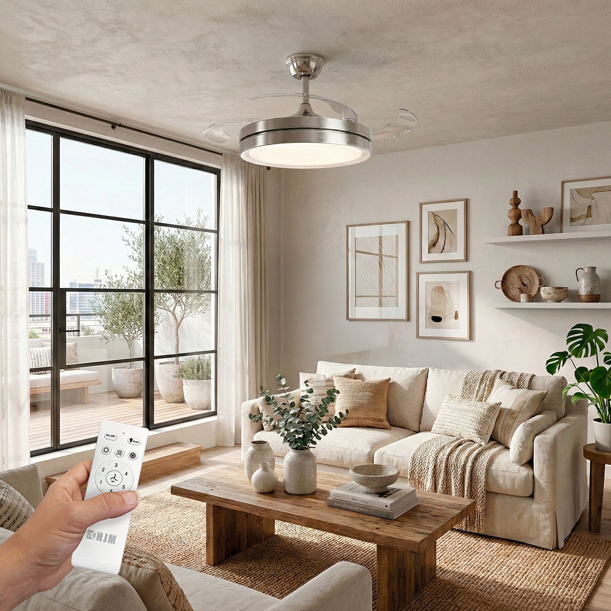 Una sala de estar con ventilador de techo con luz, sofá, mesa de centro y control remoto.