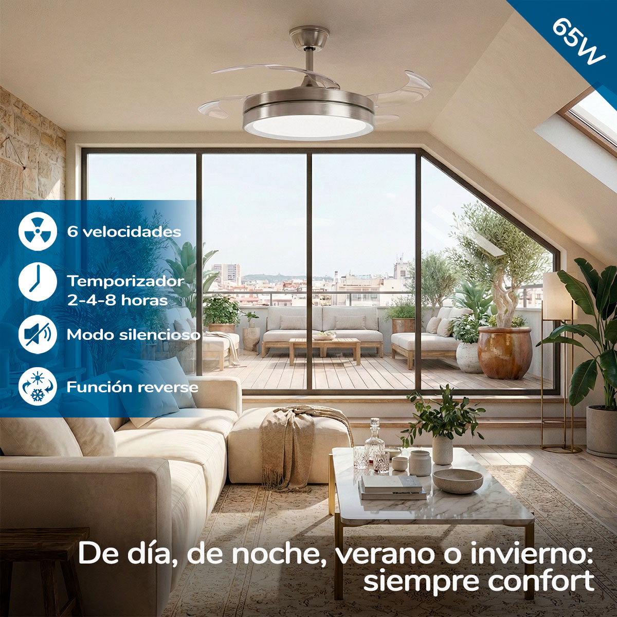 Ventilador de techo moderno con luz en sala de estar con terraza.