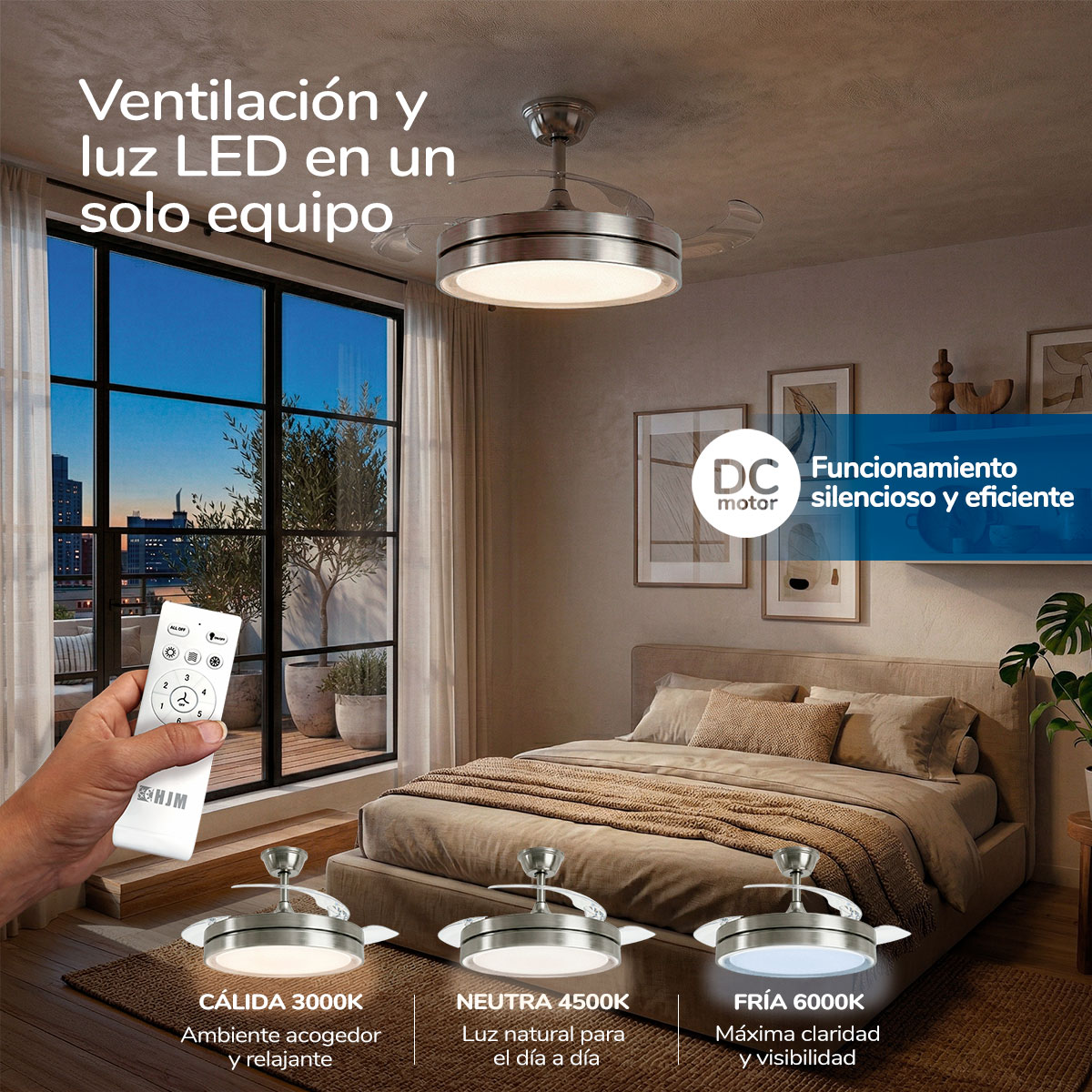 Dormitorio con ventilador de techo, luz LED y mando. Muestra diferentes colores de luz.
