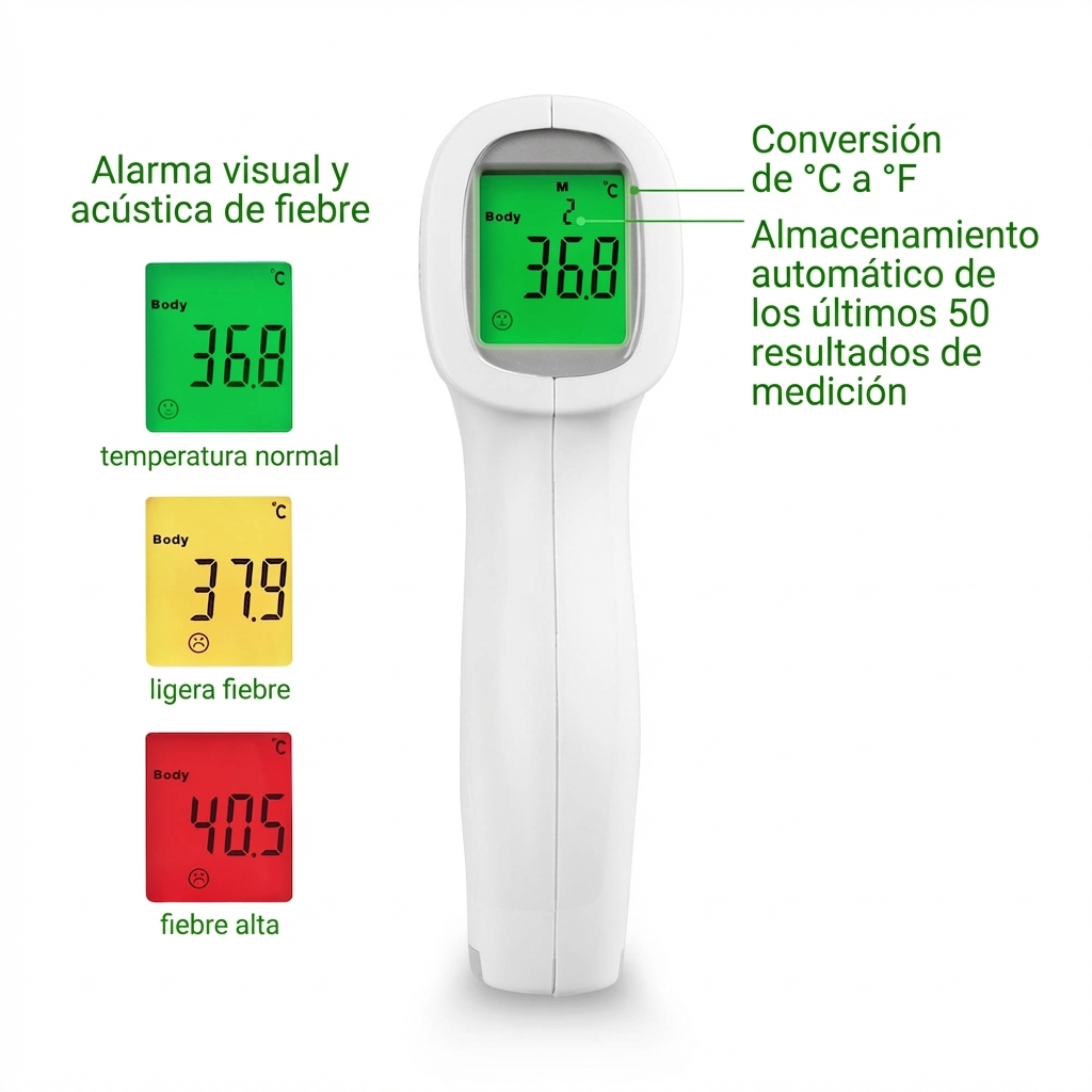 A white thermometer showing digital readings for normal, light, and high temperatures.
