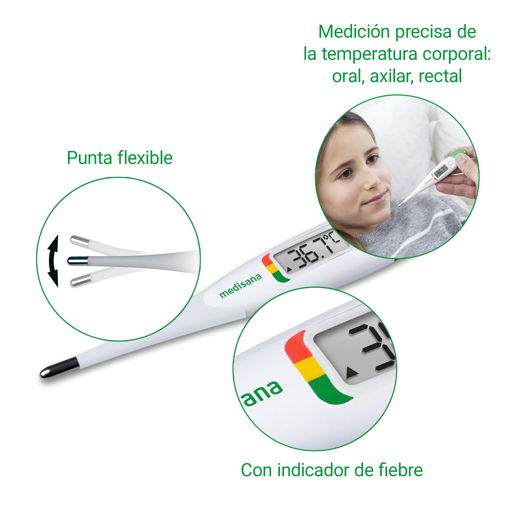 Ein digitales Fieberthermometer mit flexibler Spitze und Anzeige.