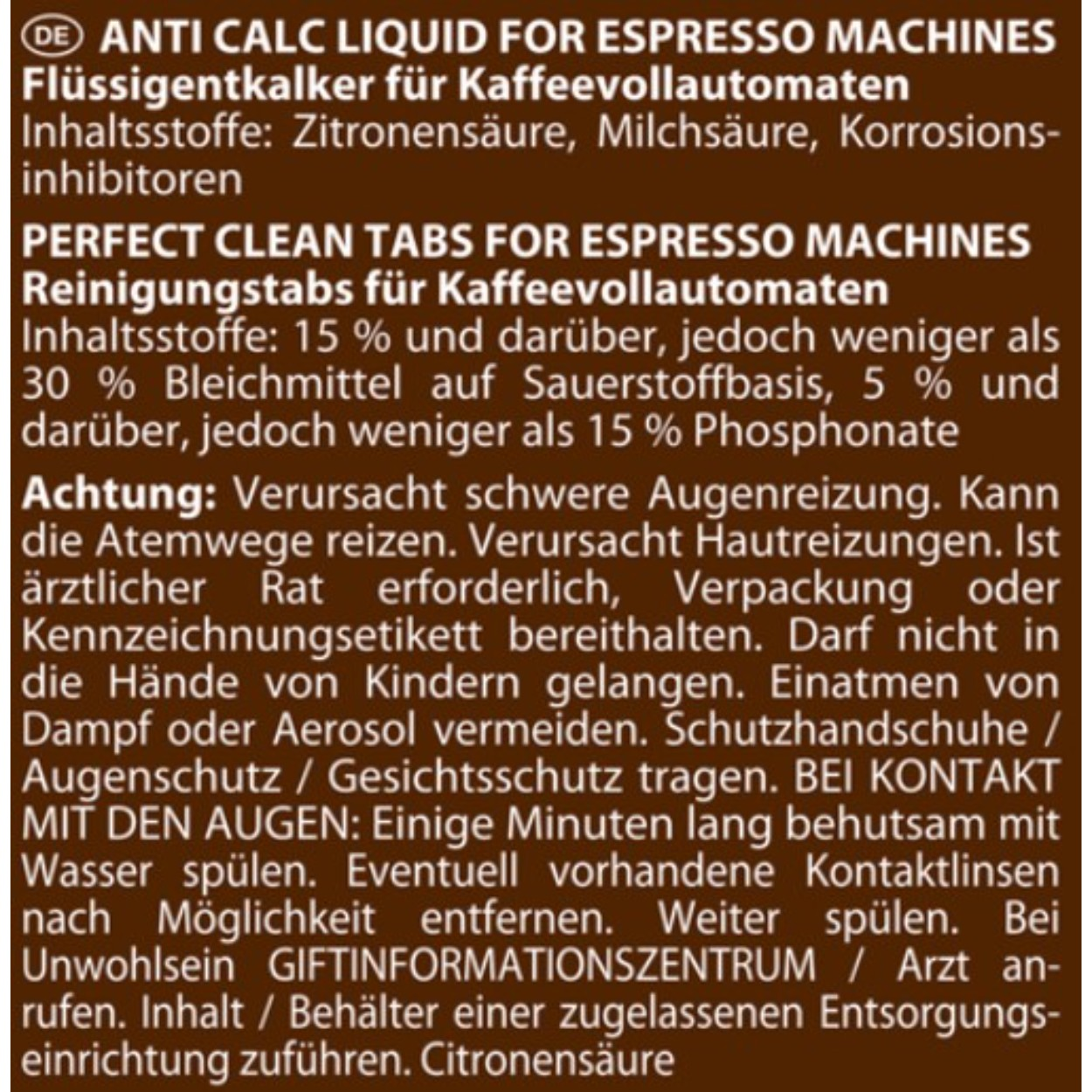 Text zu Entkalker und Reinigungstabletten für Espressomaschinen, mit Warnhinweisen.