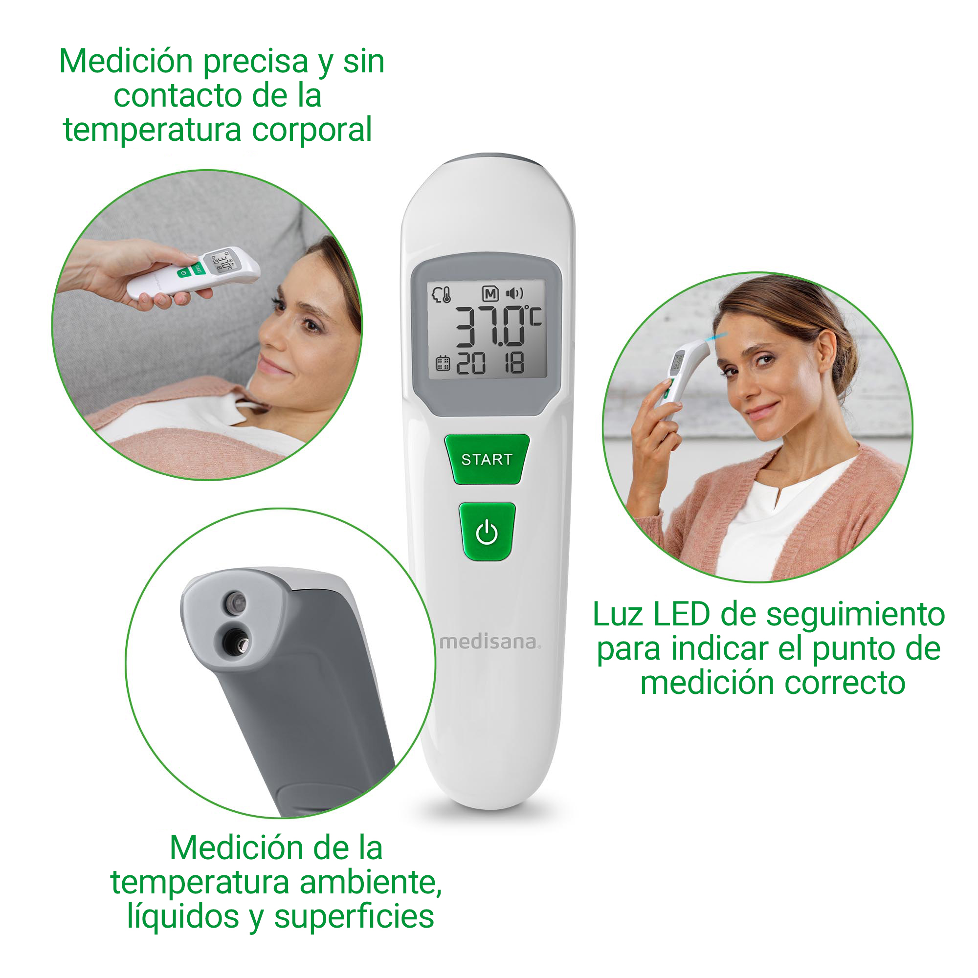 Een witte Medisana thermometer met LCD-scherm en LED-licht.