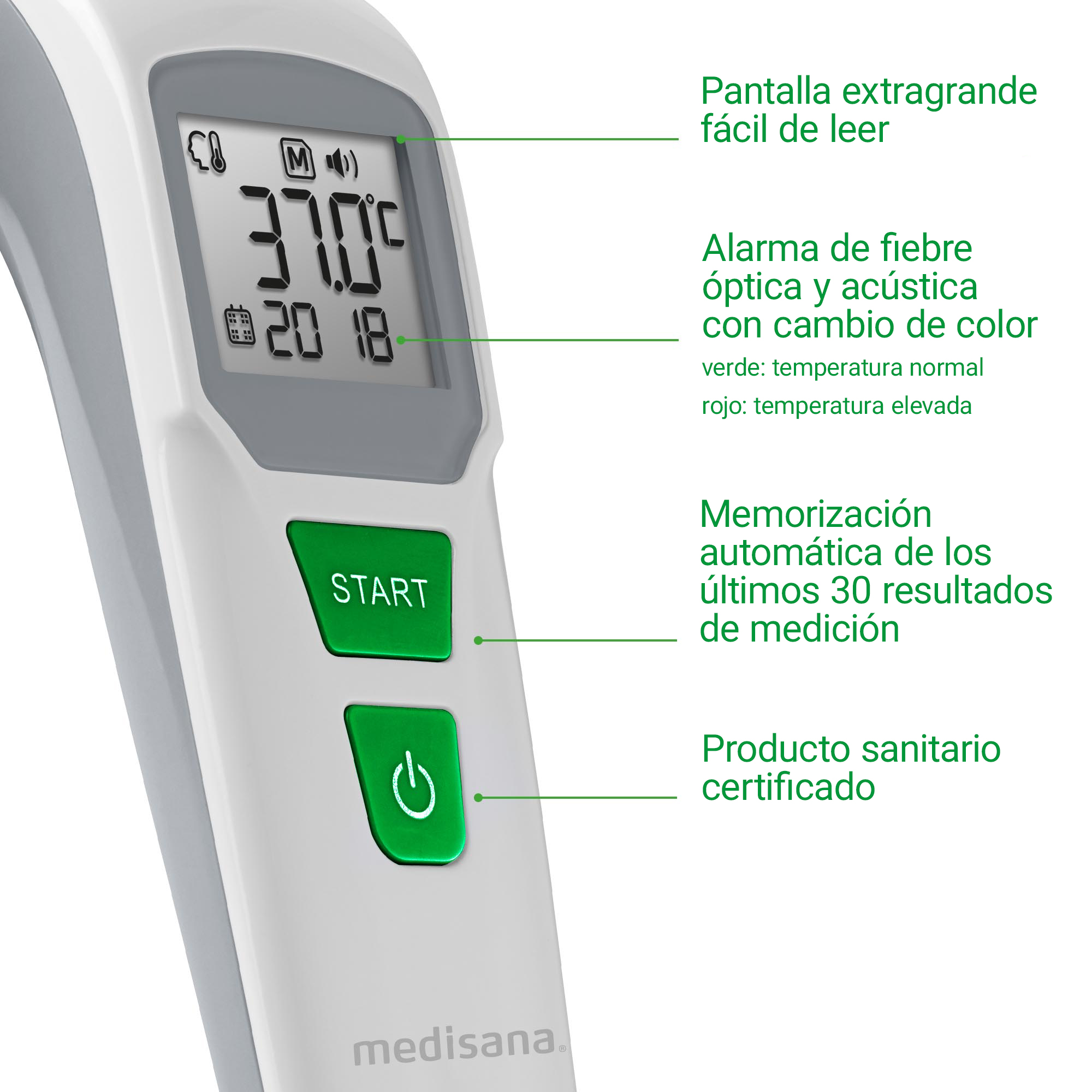 Witte thermometer met groot display en groene knoppen, toont 37.0 graden.