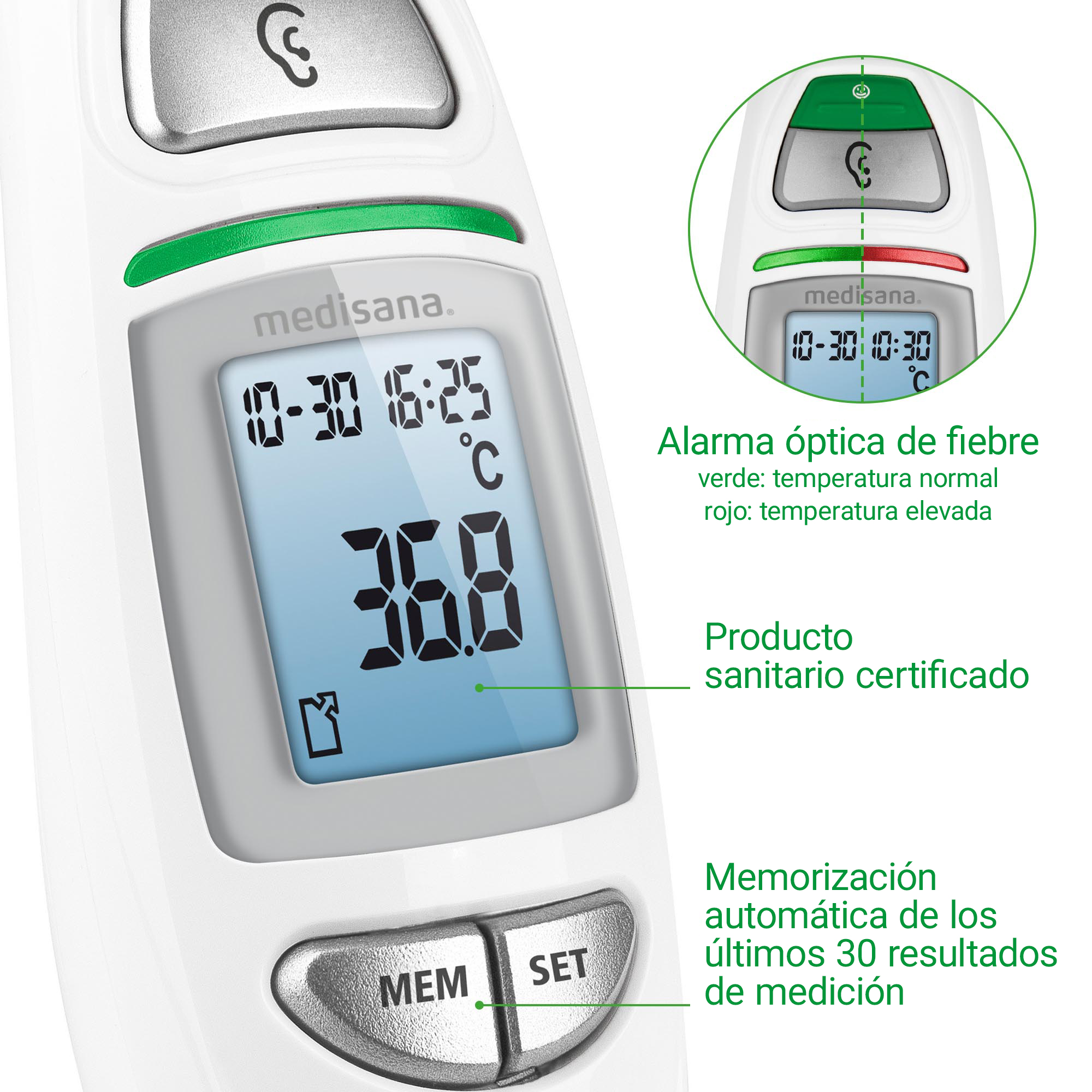 A Medisana thermometer showing 36.8 degrees Celsius on its digital display.