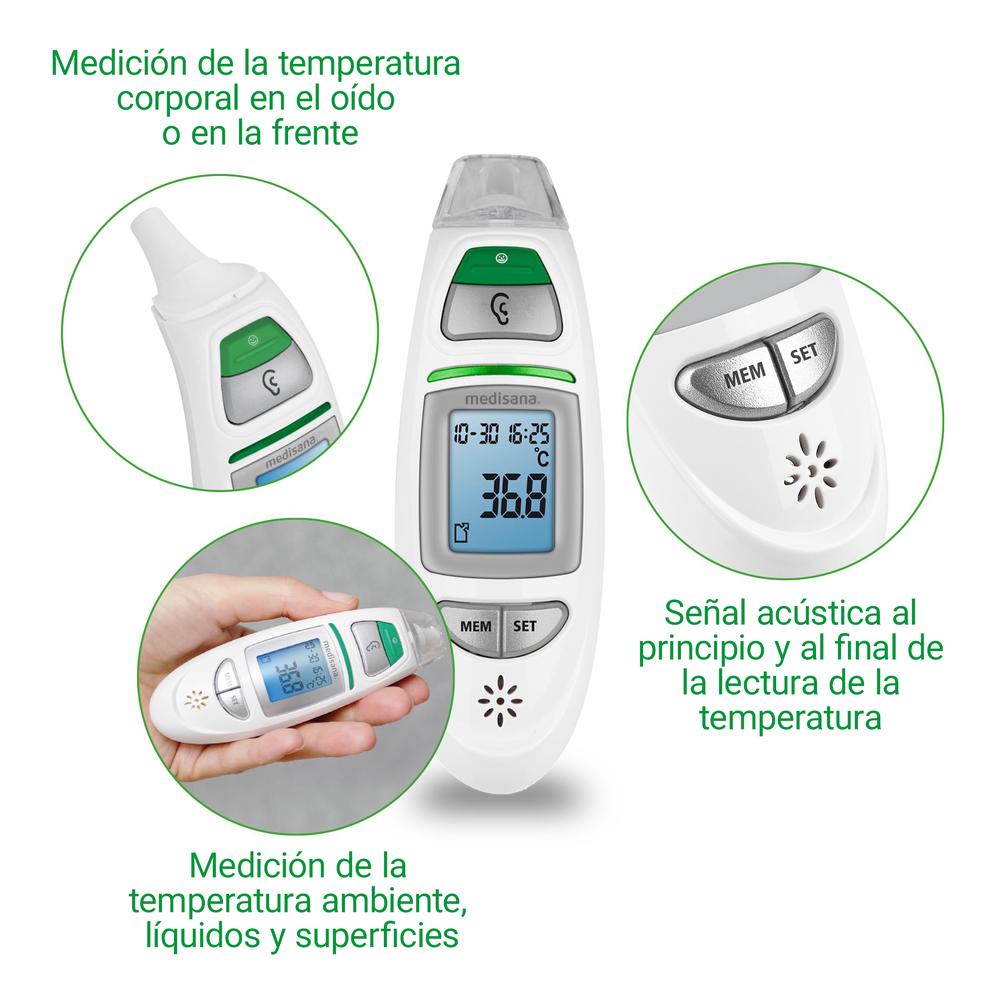A white thermometer with a digital display measuring body temperature.