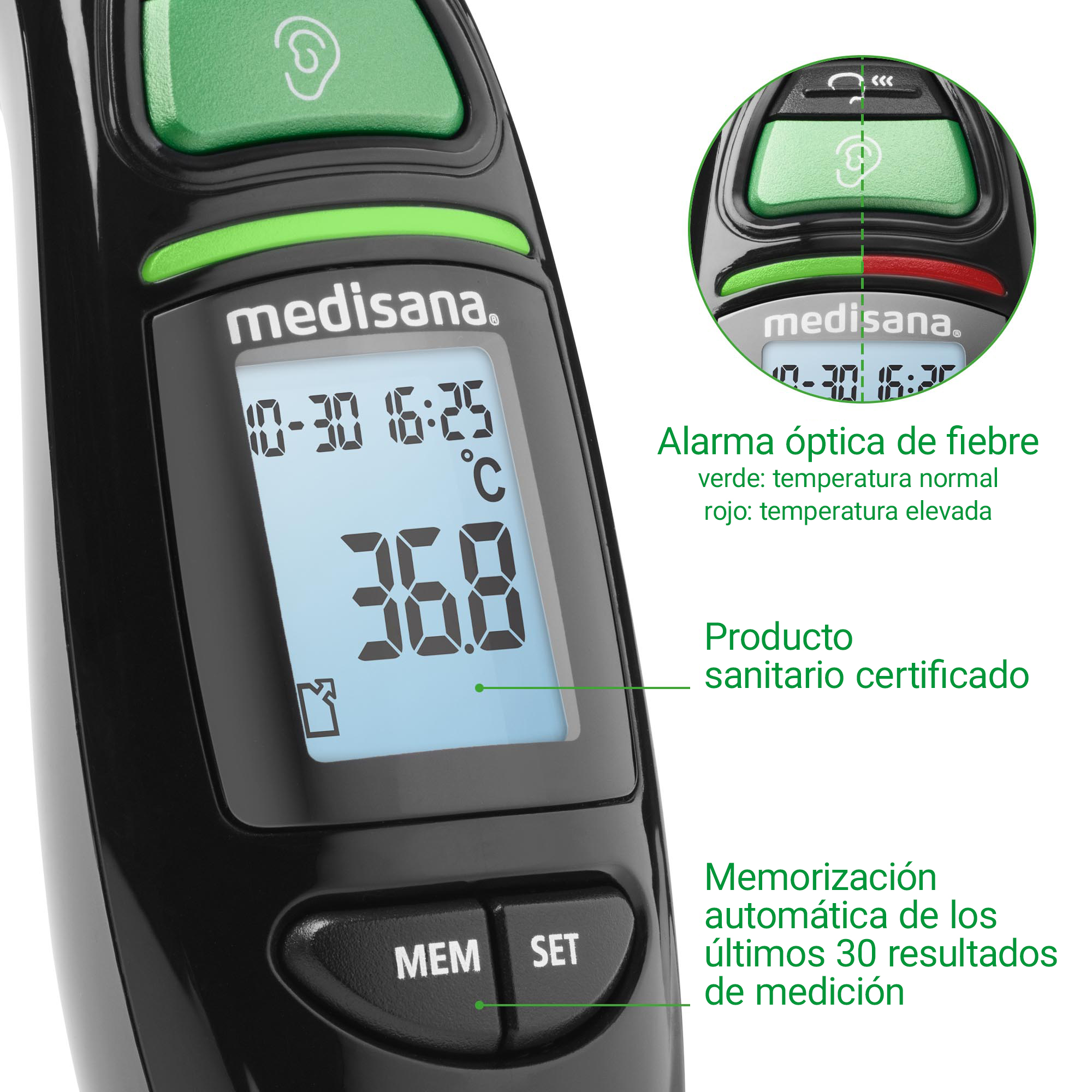 A black thermometer with a digital display showing 36.8°C.