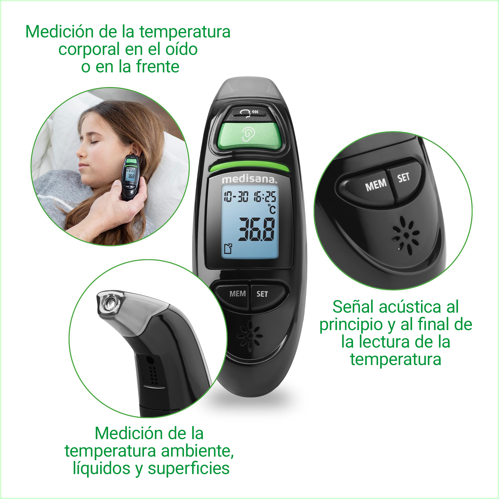 A girl with a fever is measured with a digital ear thermometer. 36.8 C.