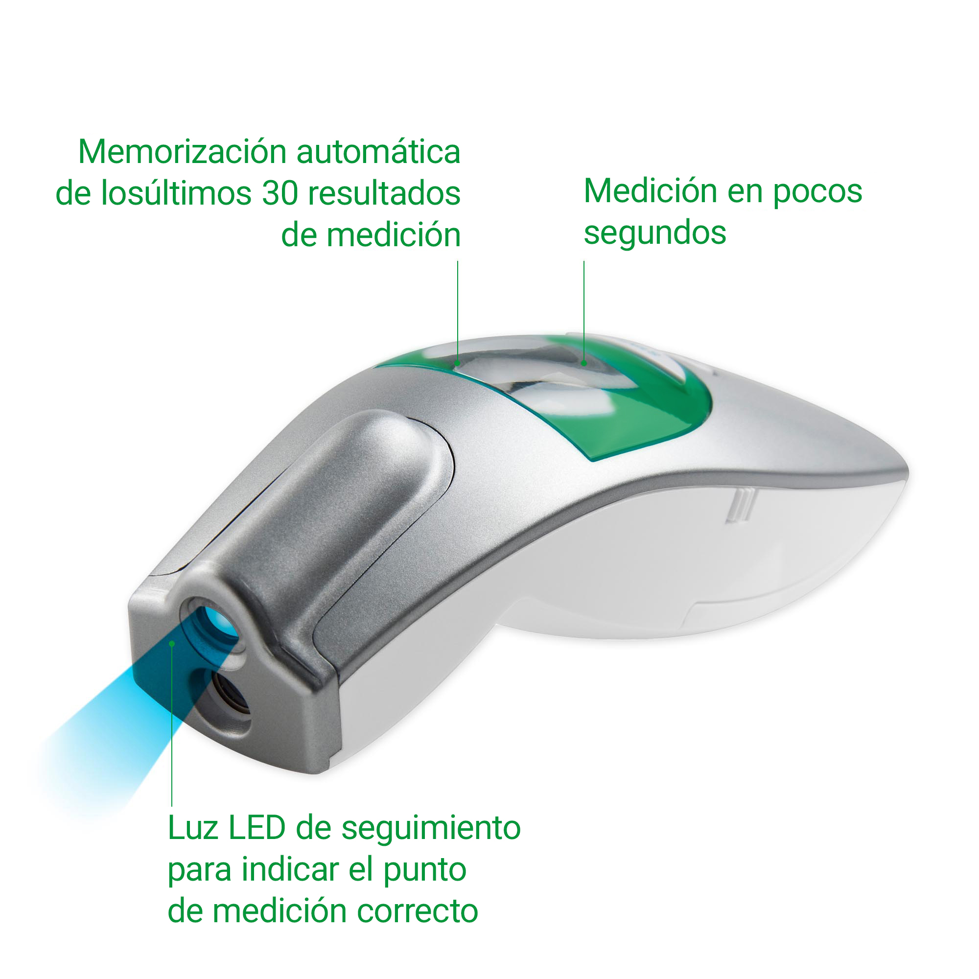 A silver and white thermometer with green accents emits a blue light beam.