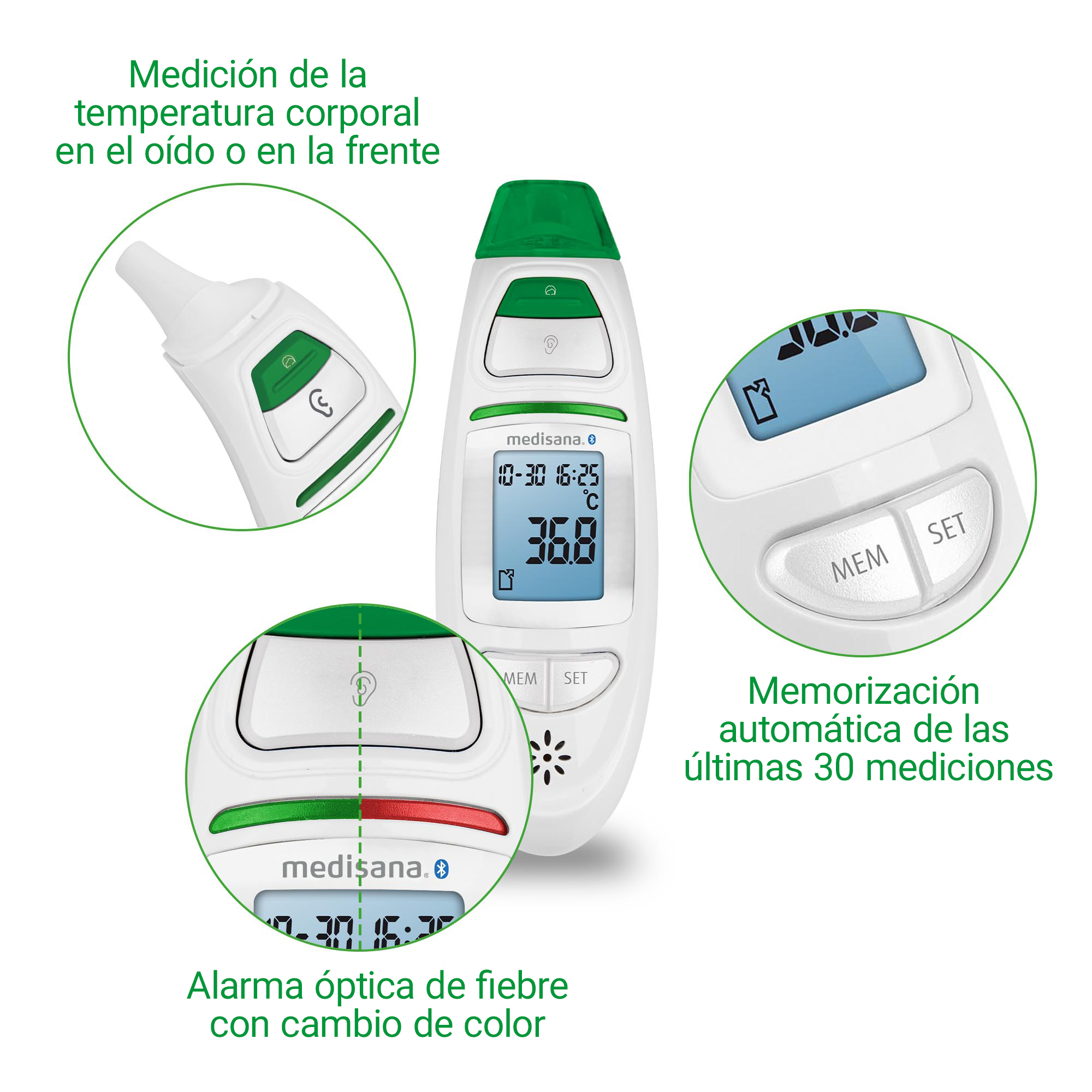 A white Medisana thermometer with green accents and an LCD screen.