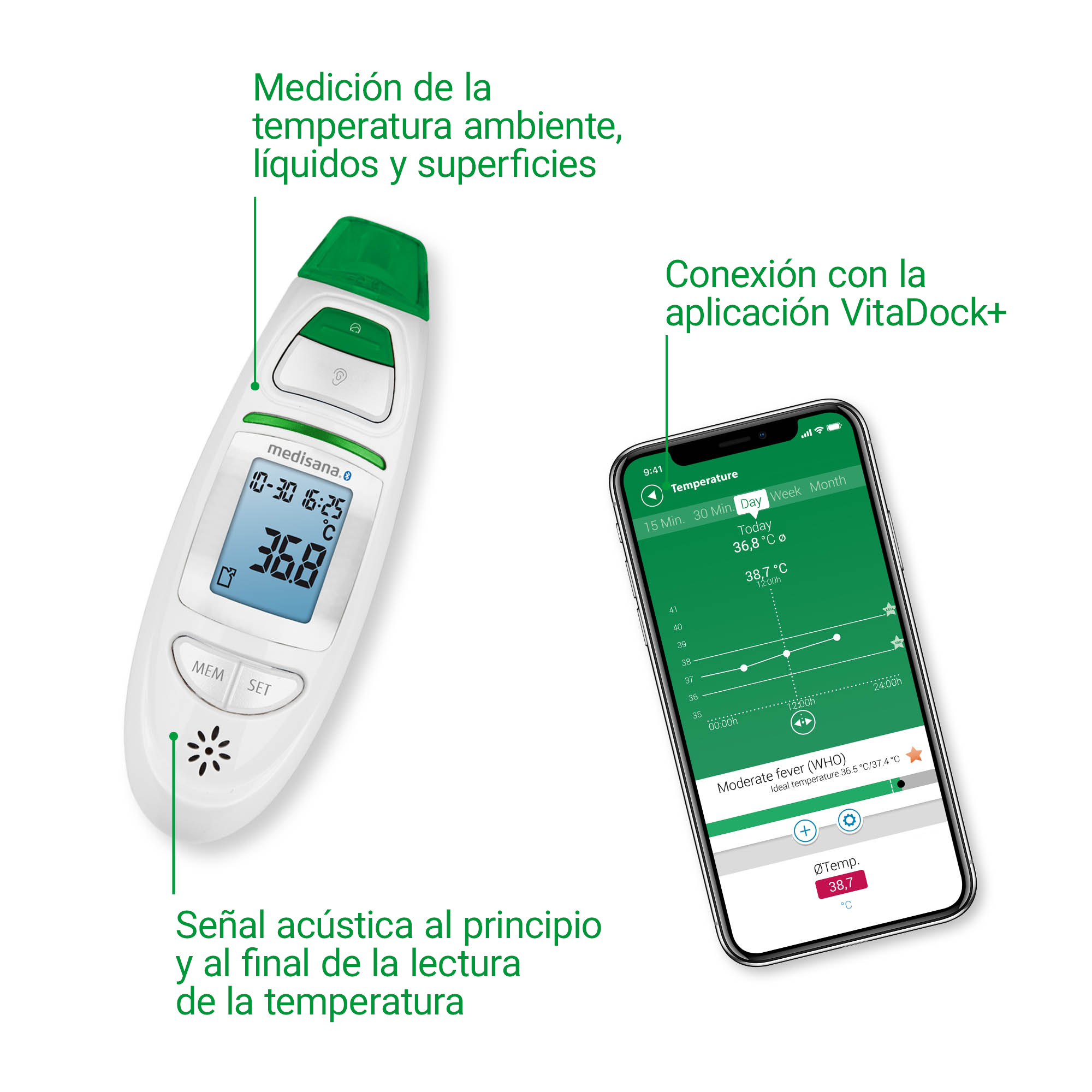 A white thermometer with green accents next to a smartphone displaying a temperature app.
