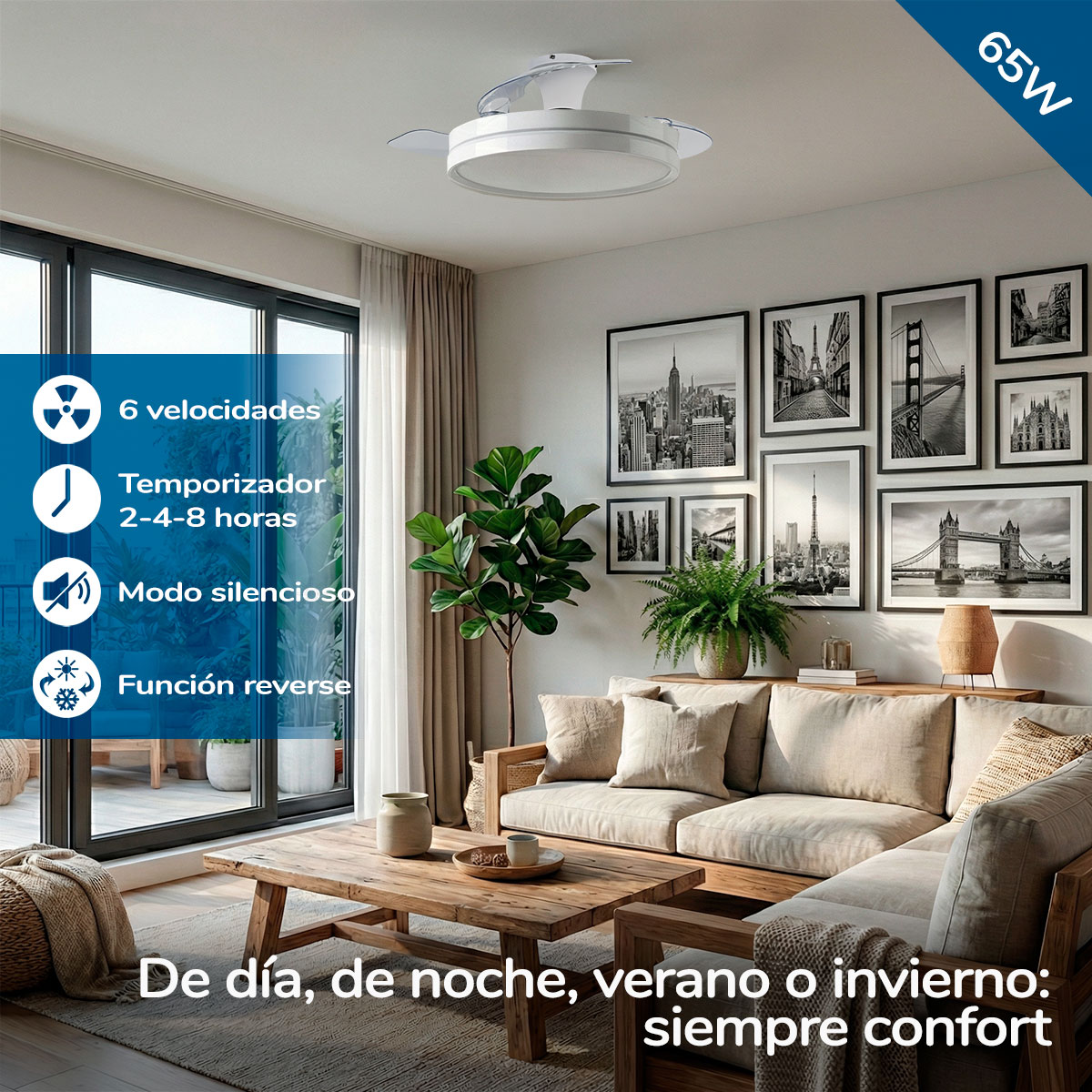 Una sala de estar moderna con ventilador de techo, sofá, mesa de centro y galería de arte.