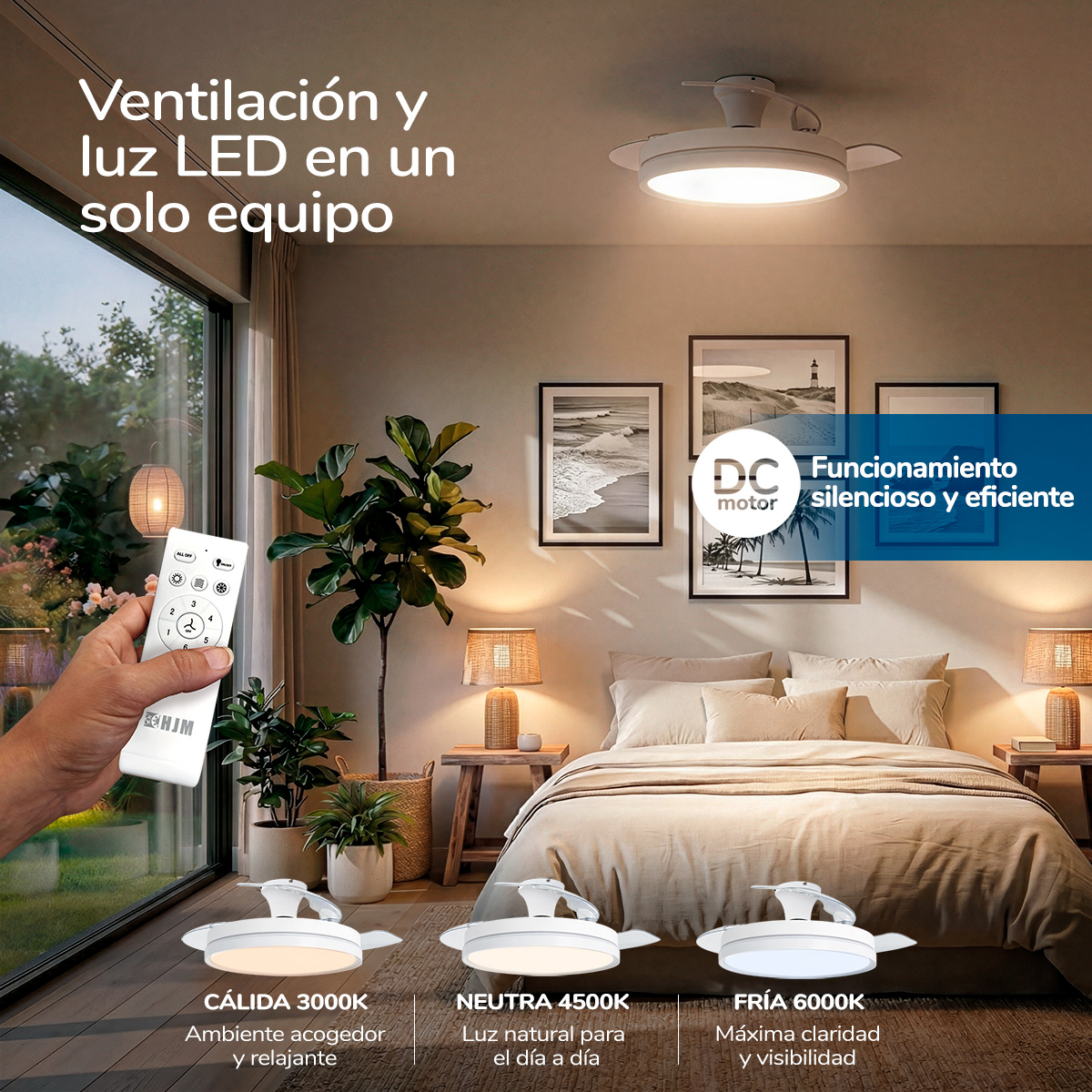 Un dormitorio con ventilador de techo y luz LED. Un mando a distancia en la mano.