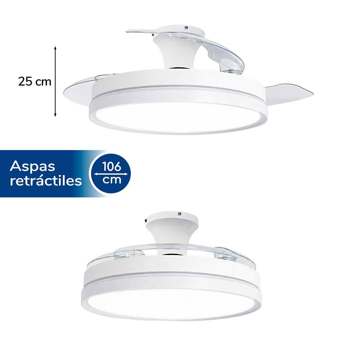 Luz de ventilador de techo blanca con aspas retráctiles, 25cm alto, 106cm ancho.