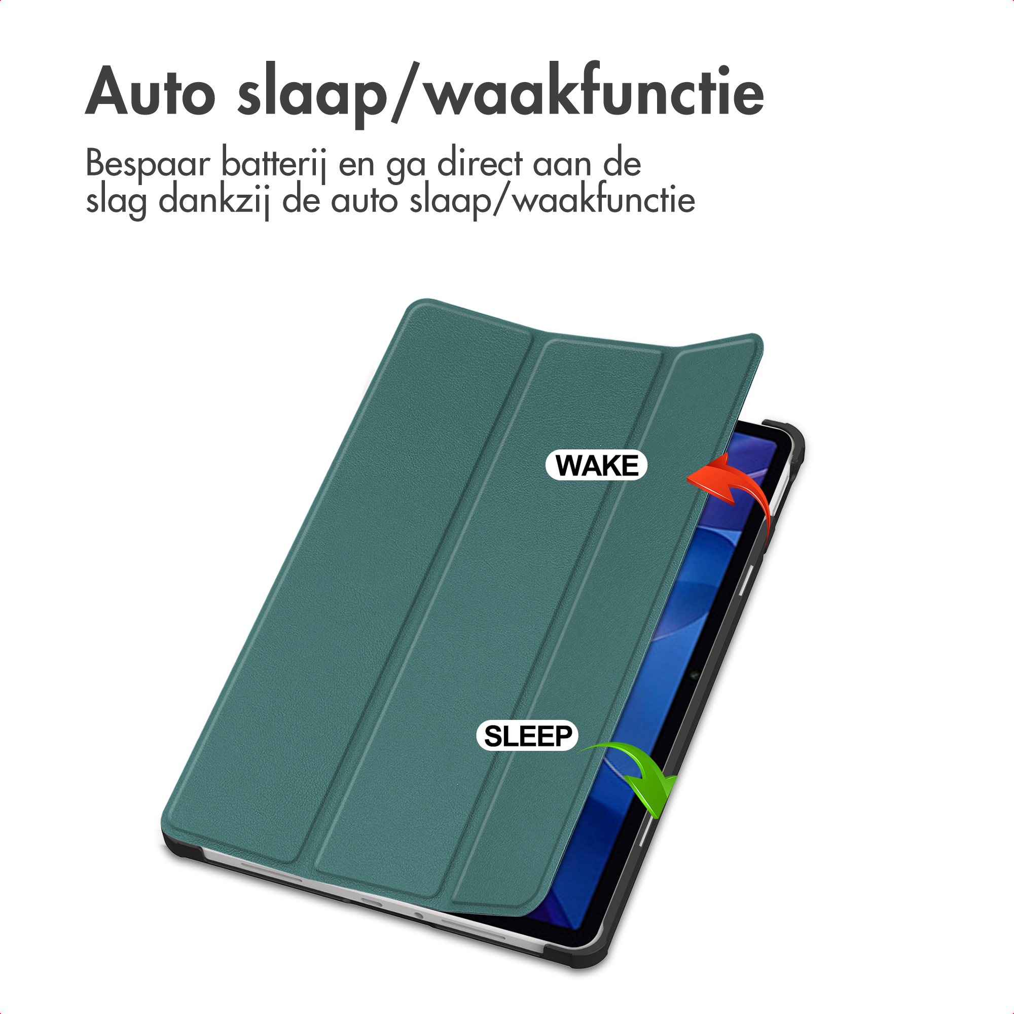 Green tablet case shown open, with "Wake" and "Sleep" labels.