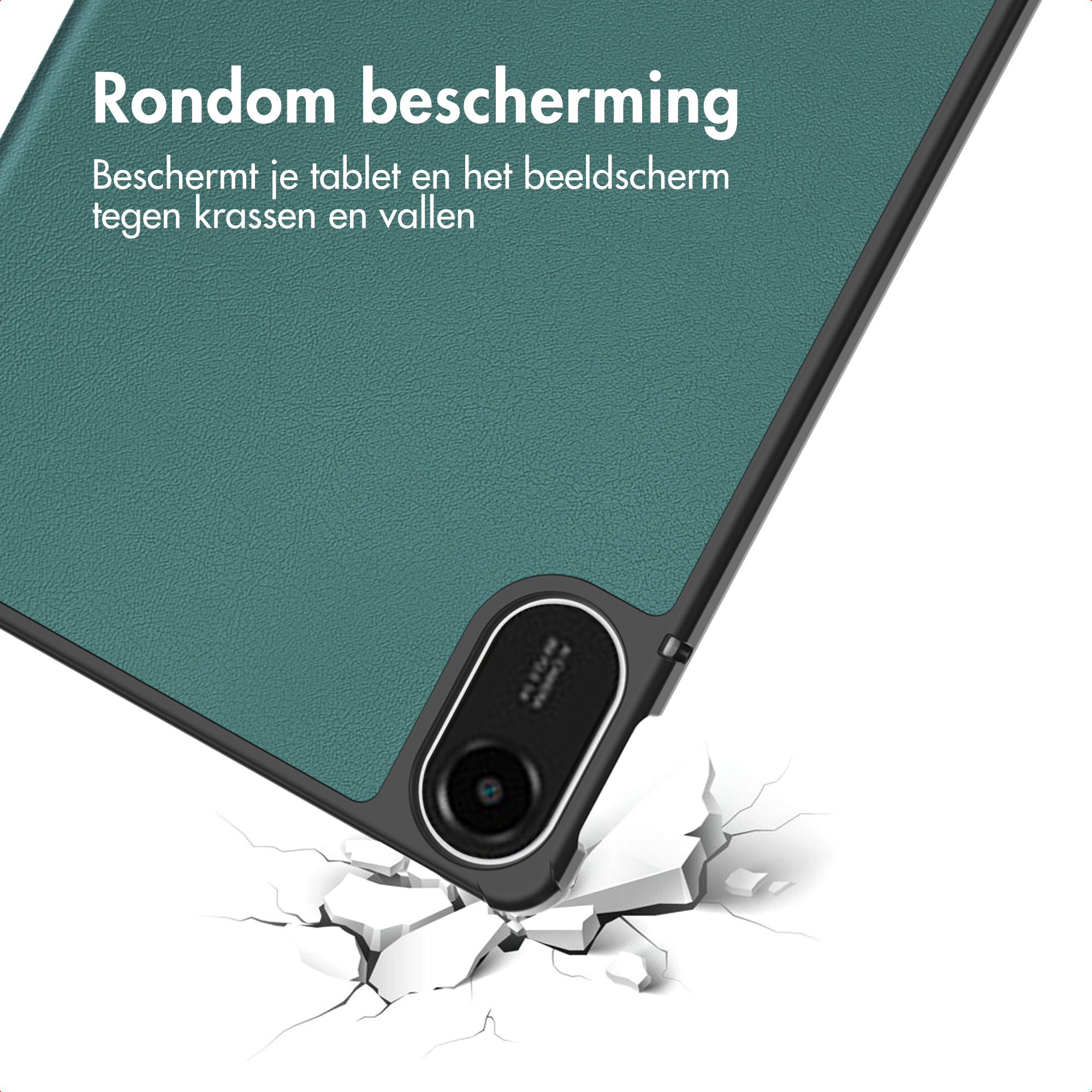 Green case with camera protection falling onto cracked ground.