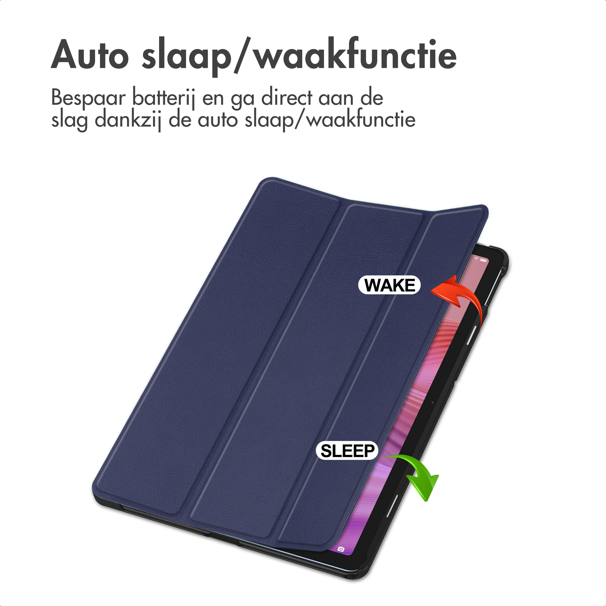 Dark blue tablet case showing wake and sleep functions with arrows.