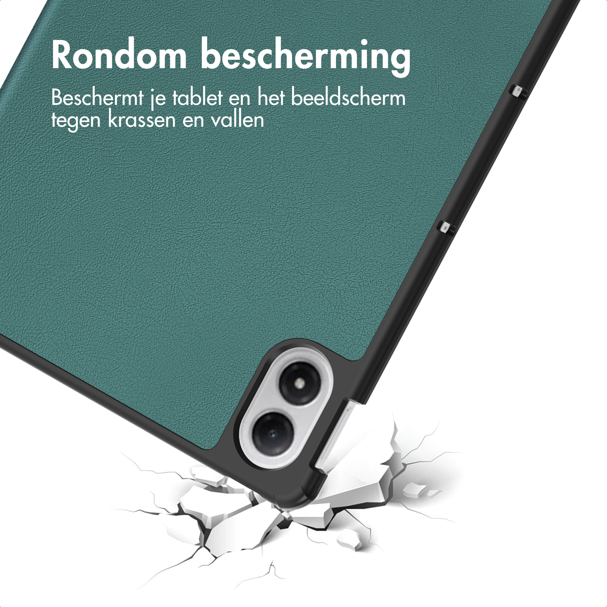 Groene tablethoes met camera-uitsparing breekt door witte ondergrond.