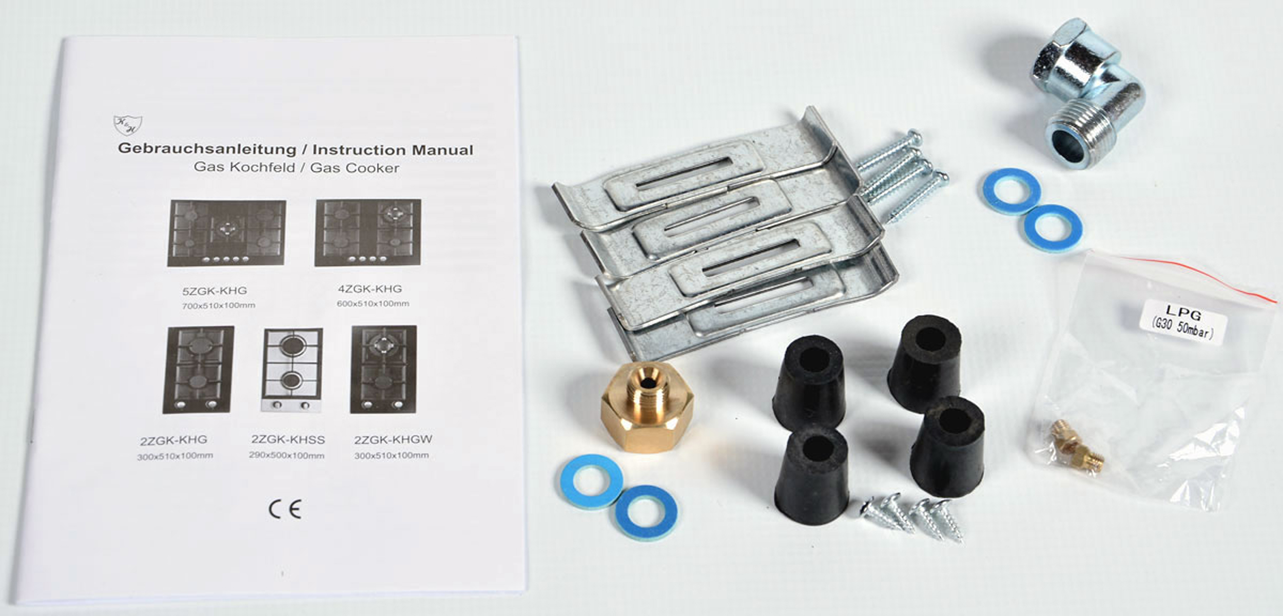 Bedienungsanleitung und Zubehör für Gasherd: Metallhalterungen, Schrauben, Düsen, Adapter, LPG-Beutel.
