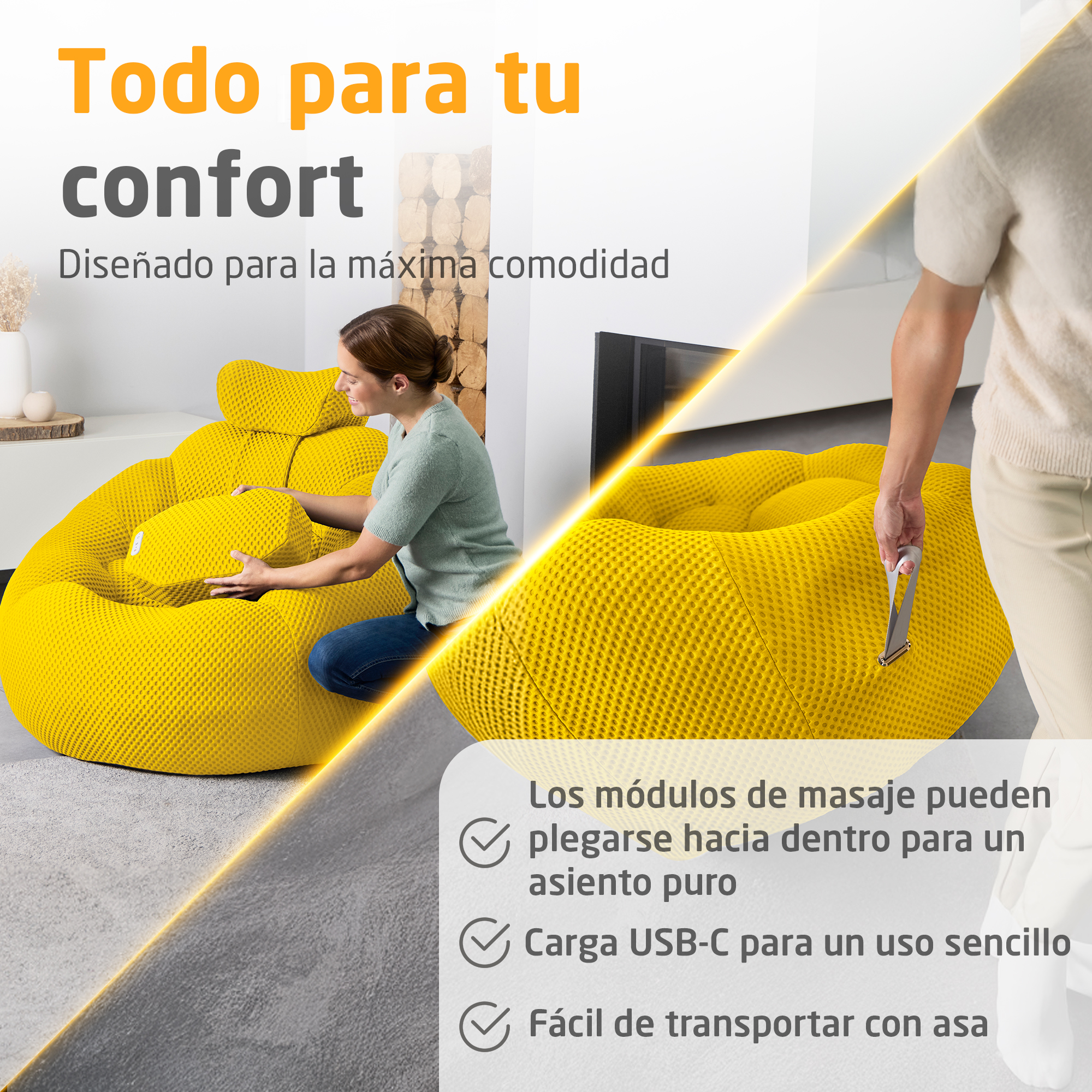 Pouf jaune avec massage, USB-C et poignée de transport.