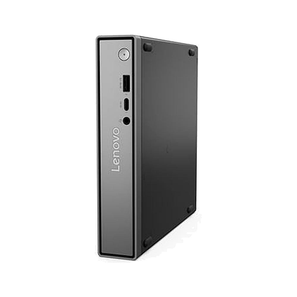 Un mini PC Lenovo grigio è in piedi su sfondo bianco. Porte anteriori visibili.