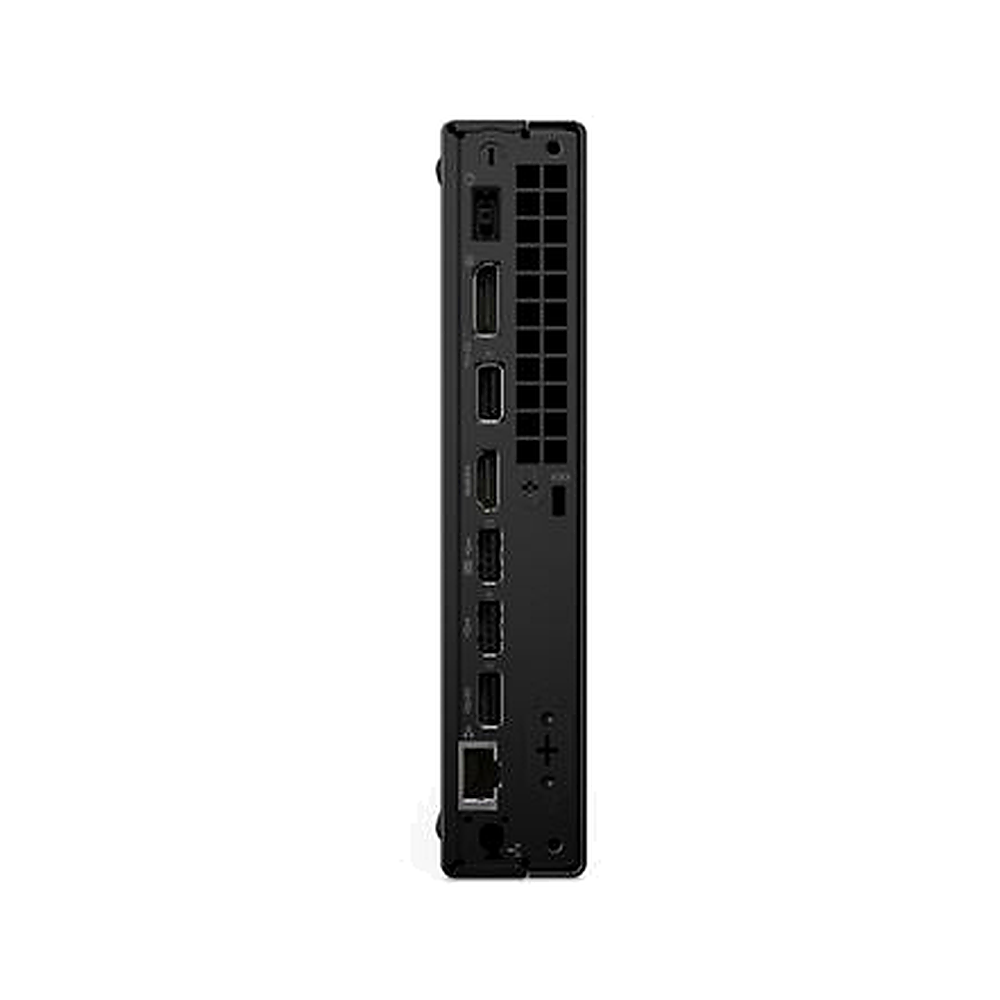 Mini PC nero con porte posteriori: HDMI, USB e jack Ethernet visibili.