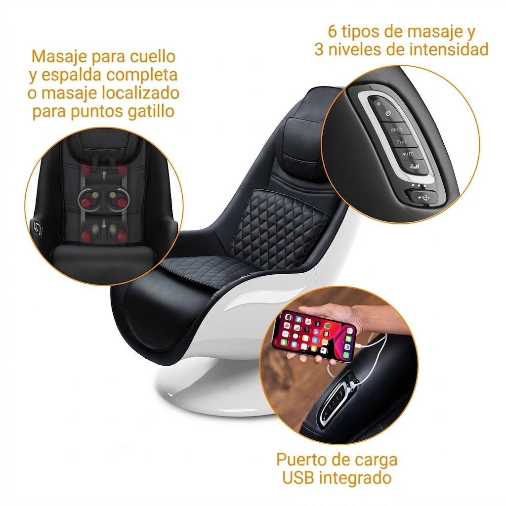 Zwarte massagestoel met witte voet, smartphone wordt opgeladen.