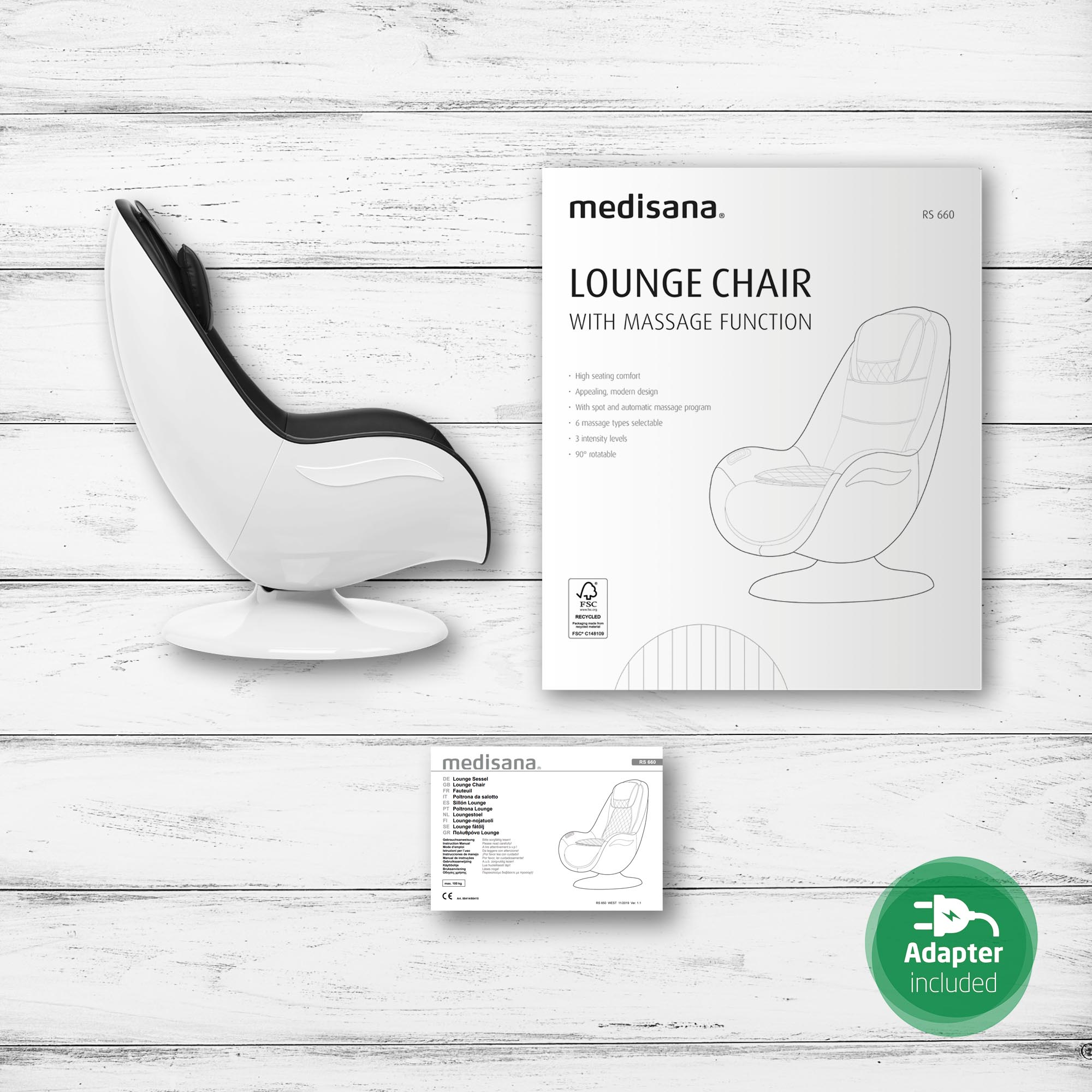 Een witte Medisana massagestoel met zwarte zitting op een houten plank achtergrond.