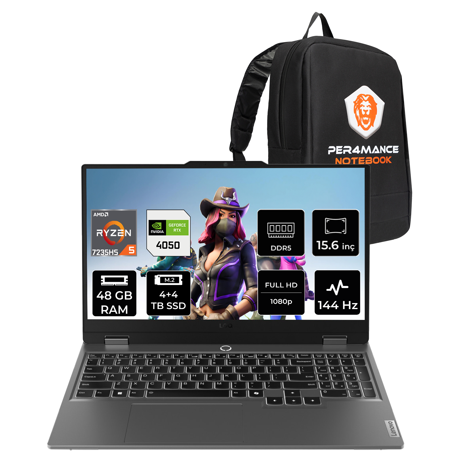 AMD Ryzen 5, RTX 4050, 48 GB RAM ve 4+4 TB SSD'li dizüstü bilgisayar, sırt çantasının yanında.